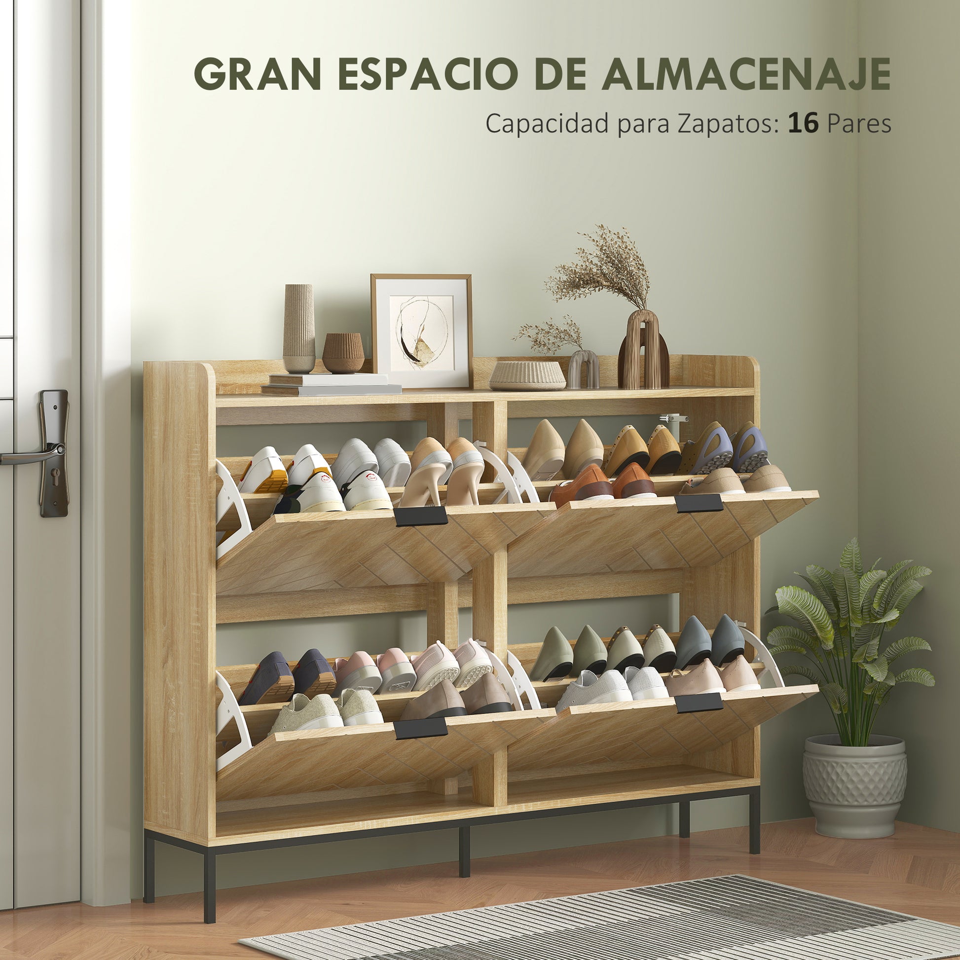 Narrow Shoe Cabinet with 4 Doors Entryway Shoe Rack with Adjustable Shelves for 16 Pairs of Shoes 120x23.5x95.5 cm Oak