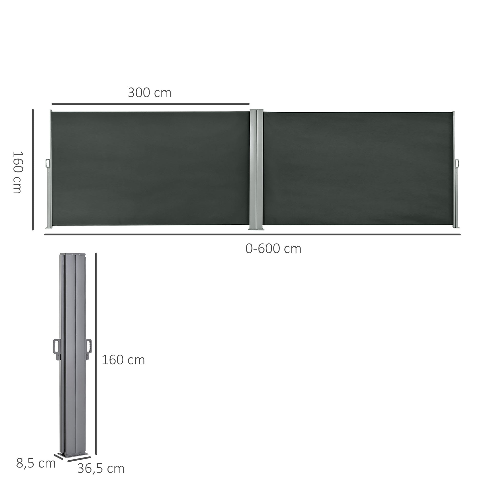 Double Side Awning Privacy Screen Retractable Windbreak 6L x 1.60H m High-Density 180 g/m² Anti-UV Polyester Gray