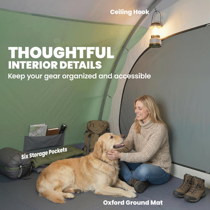2–4 Person Tunnel Family Tent — 196 cm (6'5") High, 2 Bedrooms, 3000 mm Waterproof, Front Porch & 4 Windows — Light Green