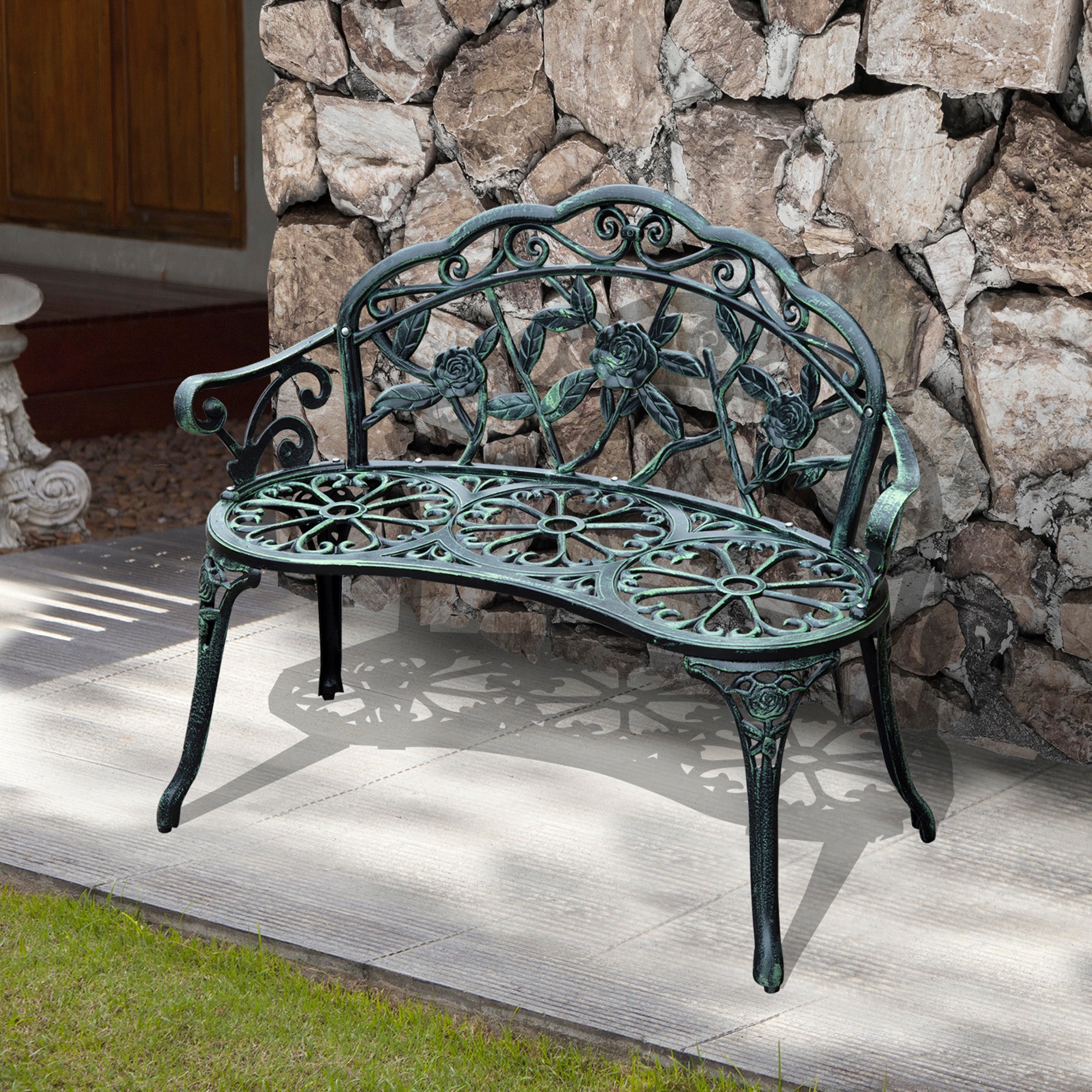 2-Seater Garden Bench Sturdy Park Bench Seating with Backrest Bench 240kg Load Capacity Garden Furniture 100 x 54 x 78 cm Antique Green