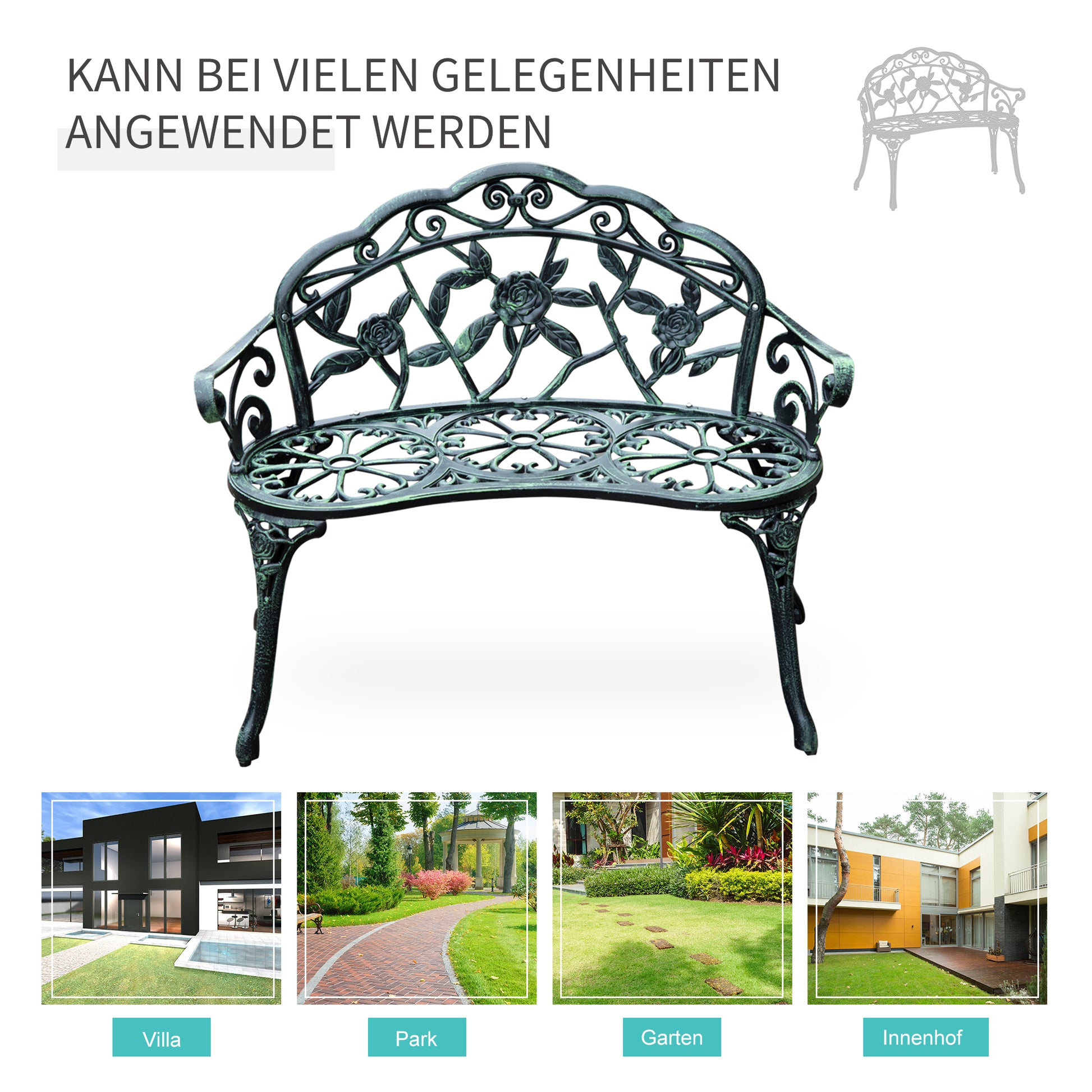 2-Seater Garden Bench Sturdy Park Bench Seating with Backrest Bench 240kg Load Capacity Garden Furniture 100 x 54 x 78 cm Antique Green