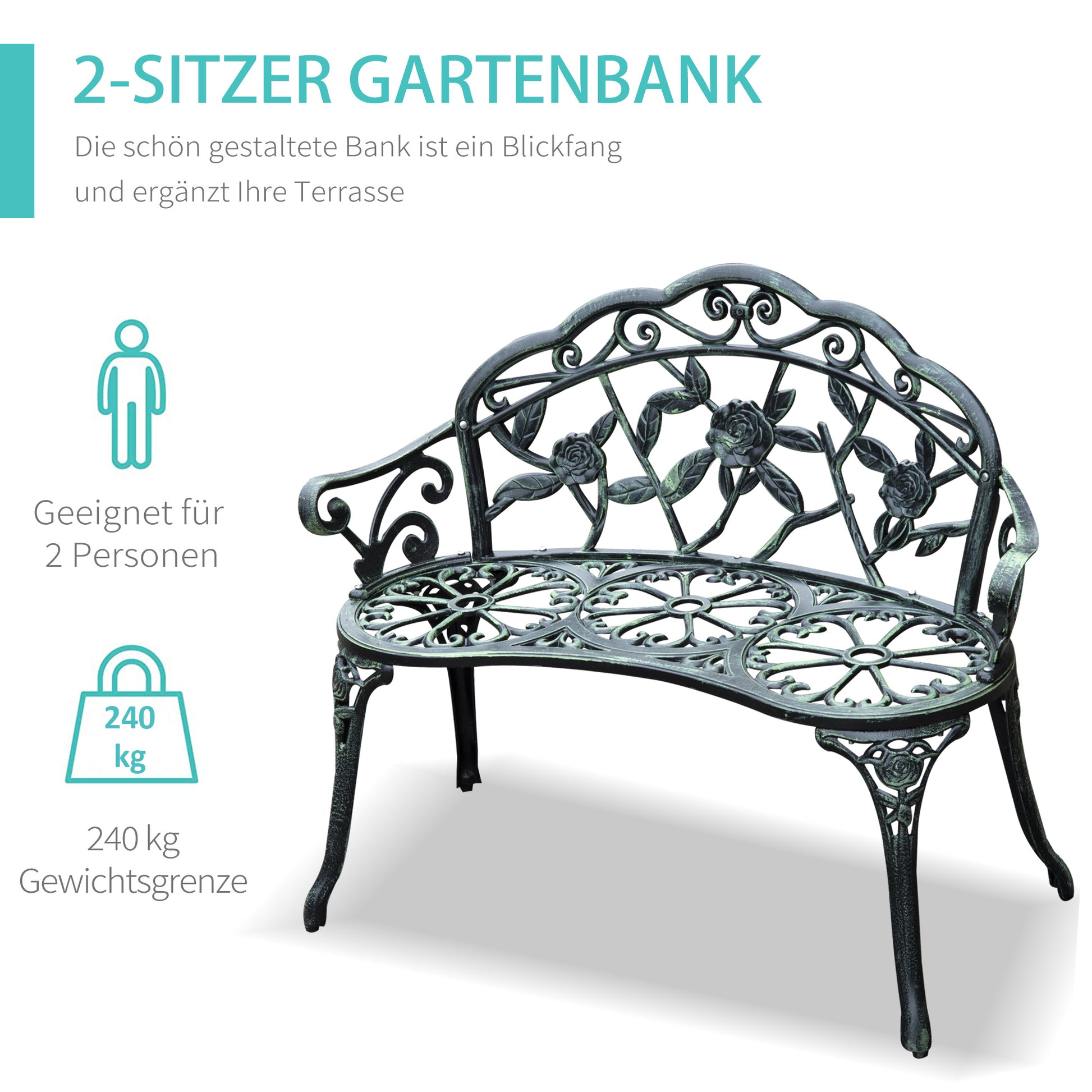 2-Seater Garden Bench Sturdy Park Bench Seating with Backrest Bench 240kg Load Capacity Garden Furniture 100 x 54 x 78 cm Antique Green