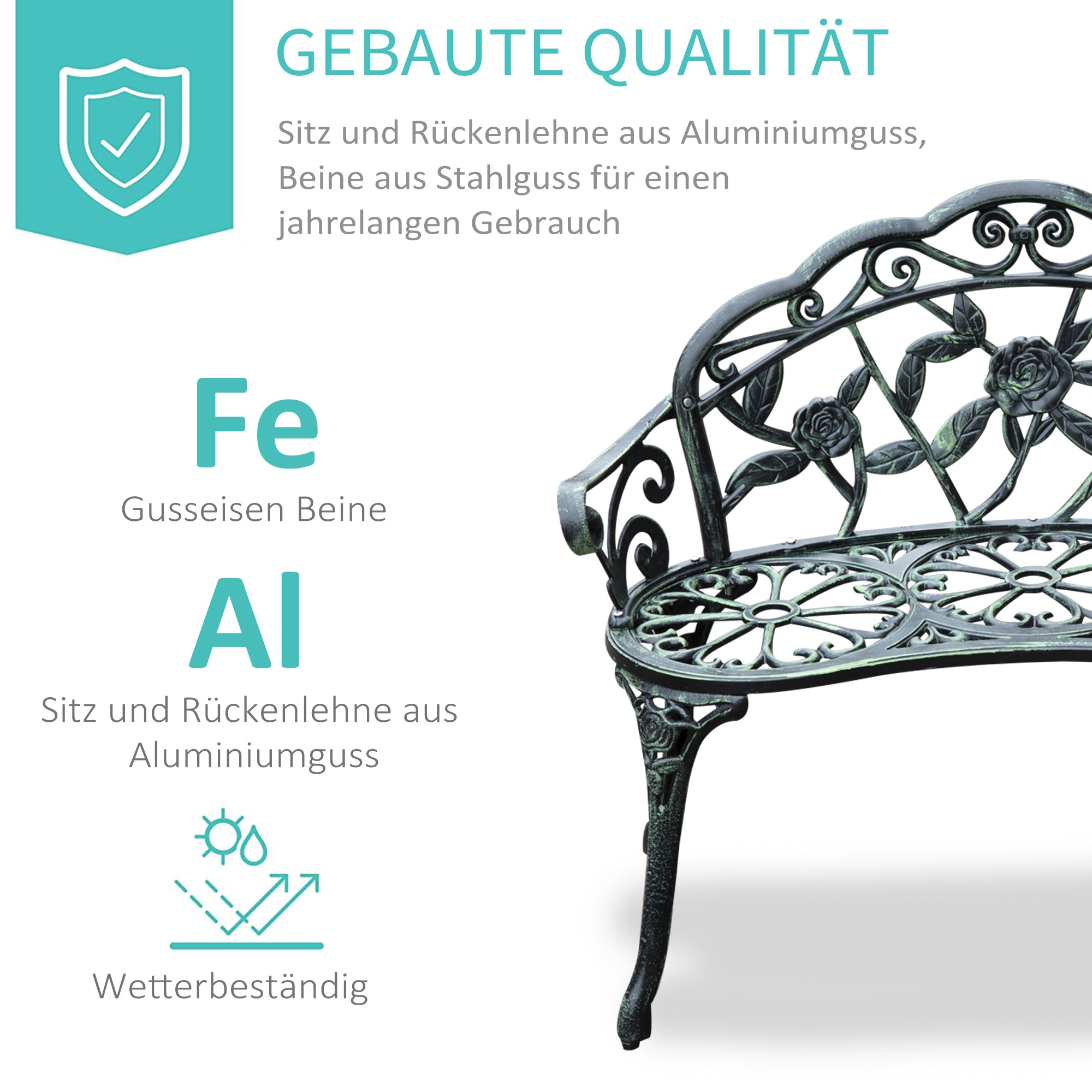 2-Seater Garden Bench Sturdy Park Bench Seating with Backrest Bench 240kg Load Capacity Garden Furniture 100 x 54 x 78 cm Antique Green