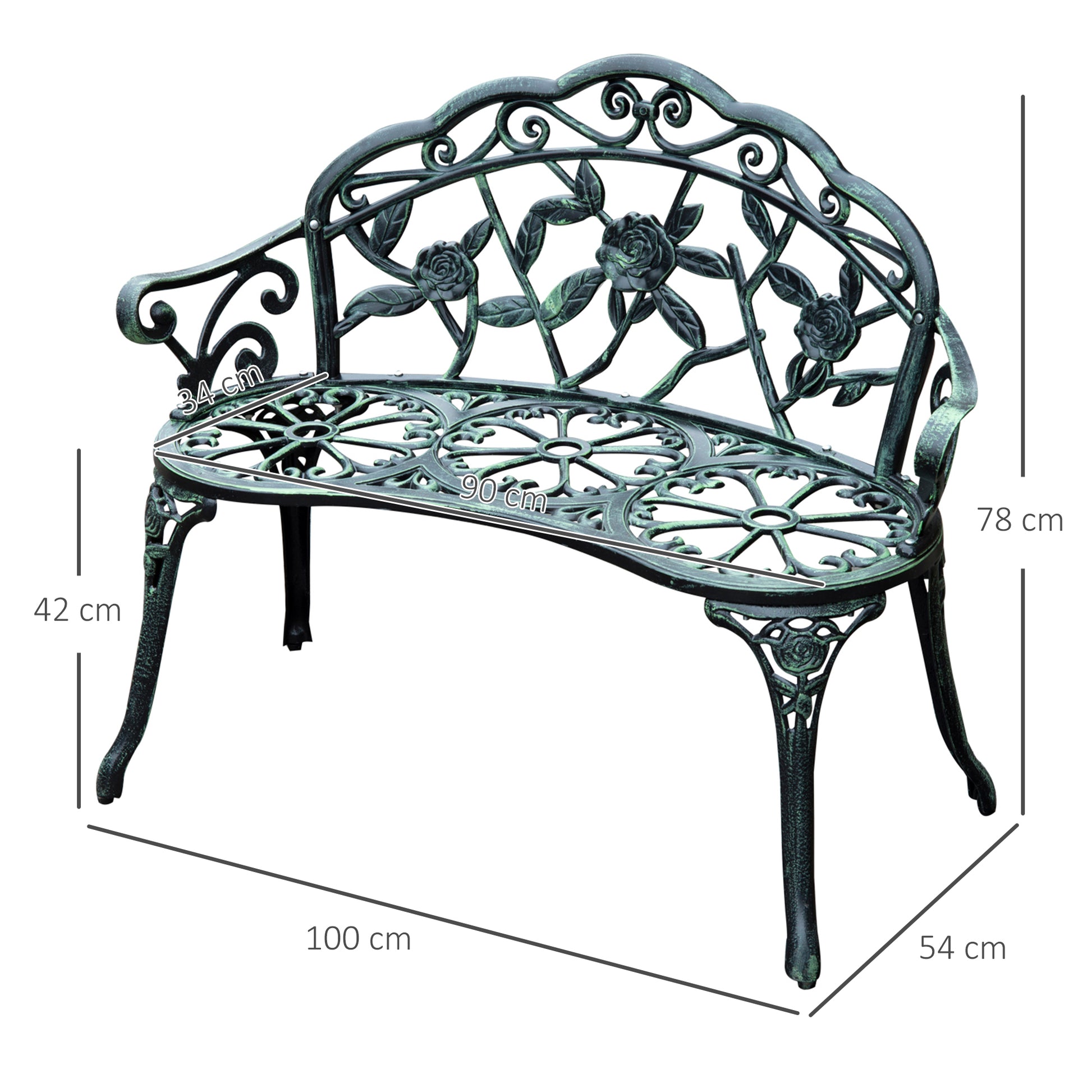 2-Seater Garden Bench Sturdy Park Bench Seating with Backrest Bench 240kg Load Capacity Garden Furniture 100 x 54 x 78 cm Antique Green
