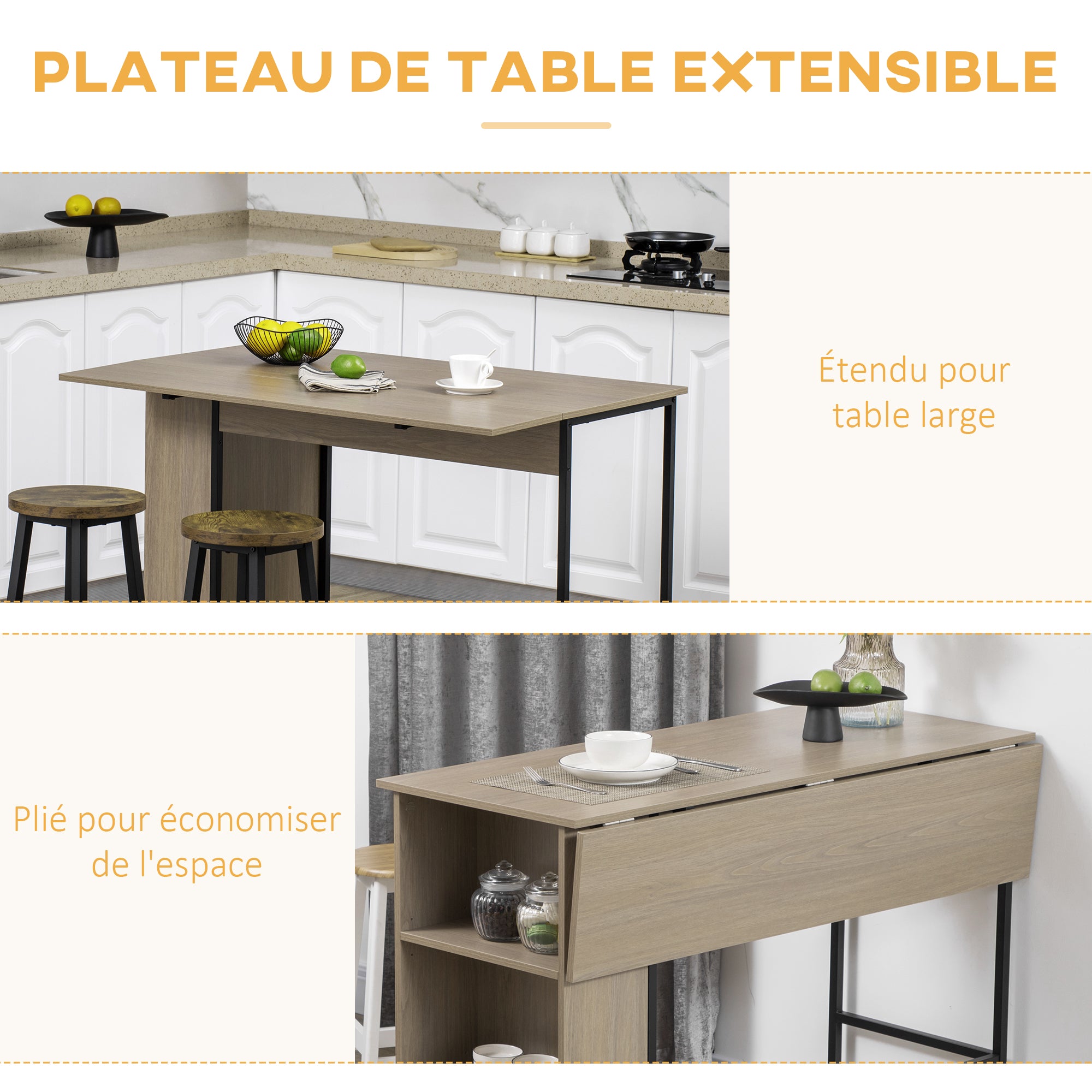 Bar Table with Storage Bistro Table Central Island Foldable Side Tabletop and 3 Shelves - 120 x 76 x 91.4 cm