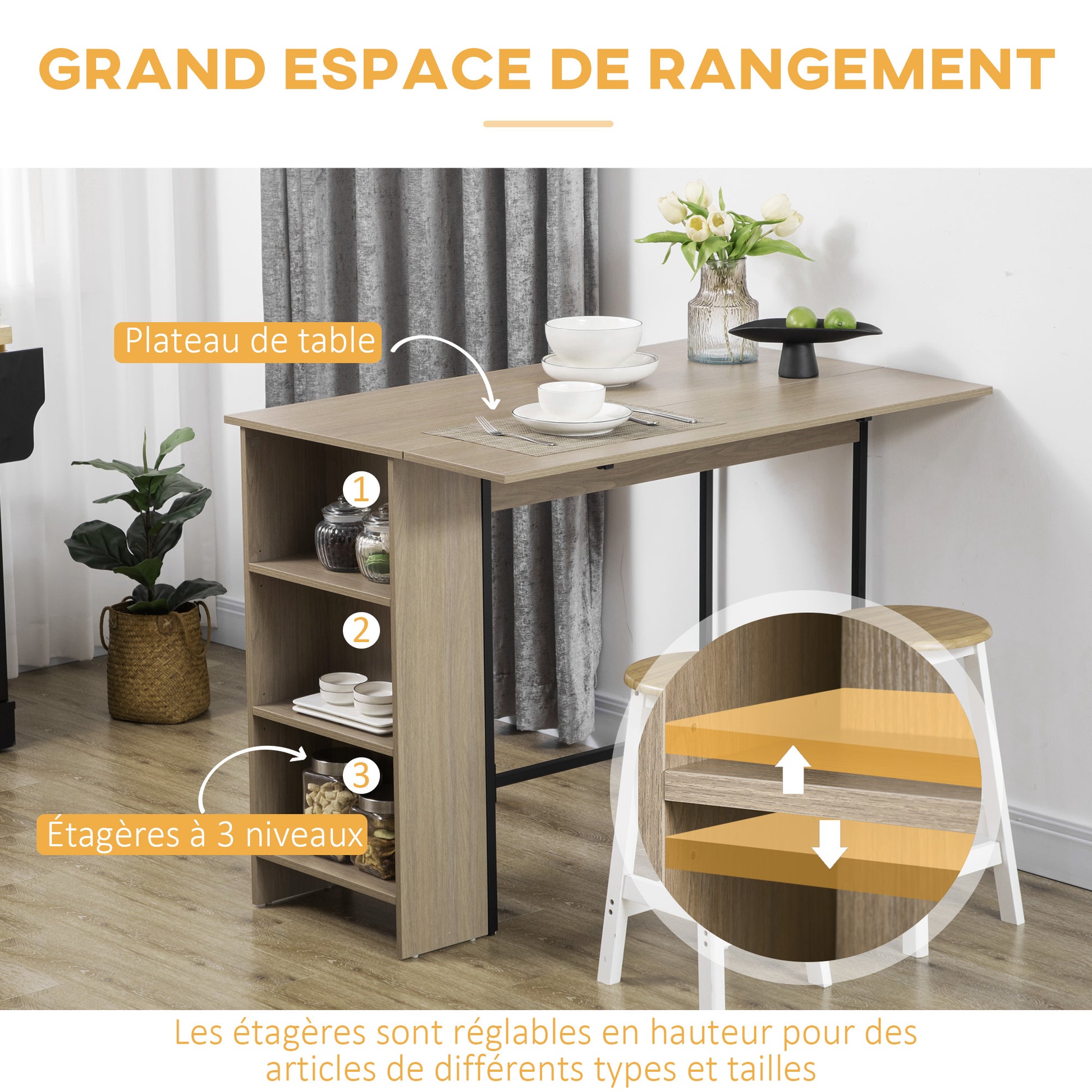 Bar Table with Storage Bistro Table Central Island Foldable Side Tabletop and 3 Shelves - 120 x 76 x 91.4 cm