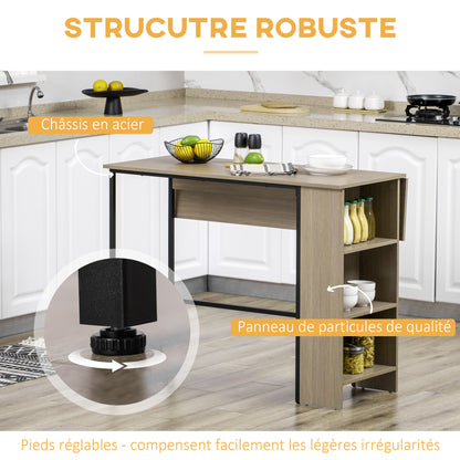 Bar Table with Storage Bistro Table Central Island Foldable Side Tabletop and 3 Shelves - 120 x 76 x 91.4 cm