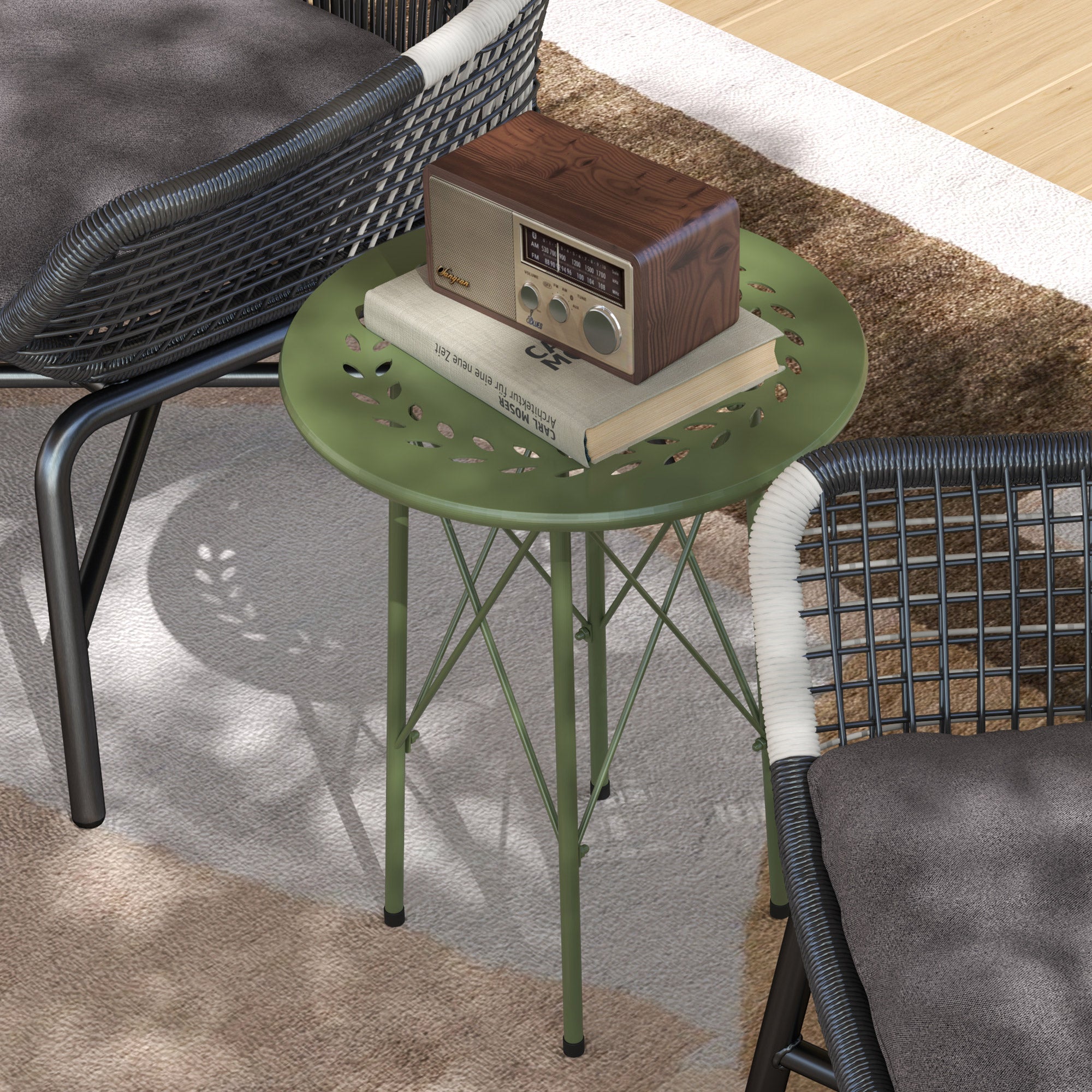 Small Round Side Table, Garden Table, with Flower and Leaf Pattern, for Patio, Living Room, Balcony made of Steel, Green