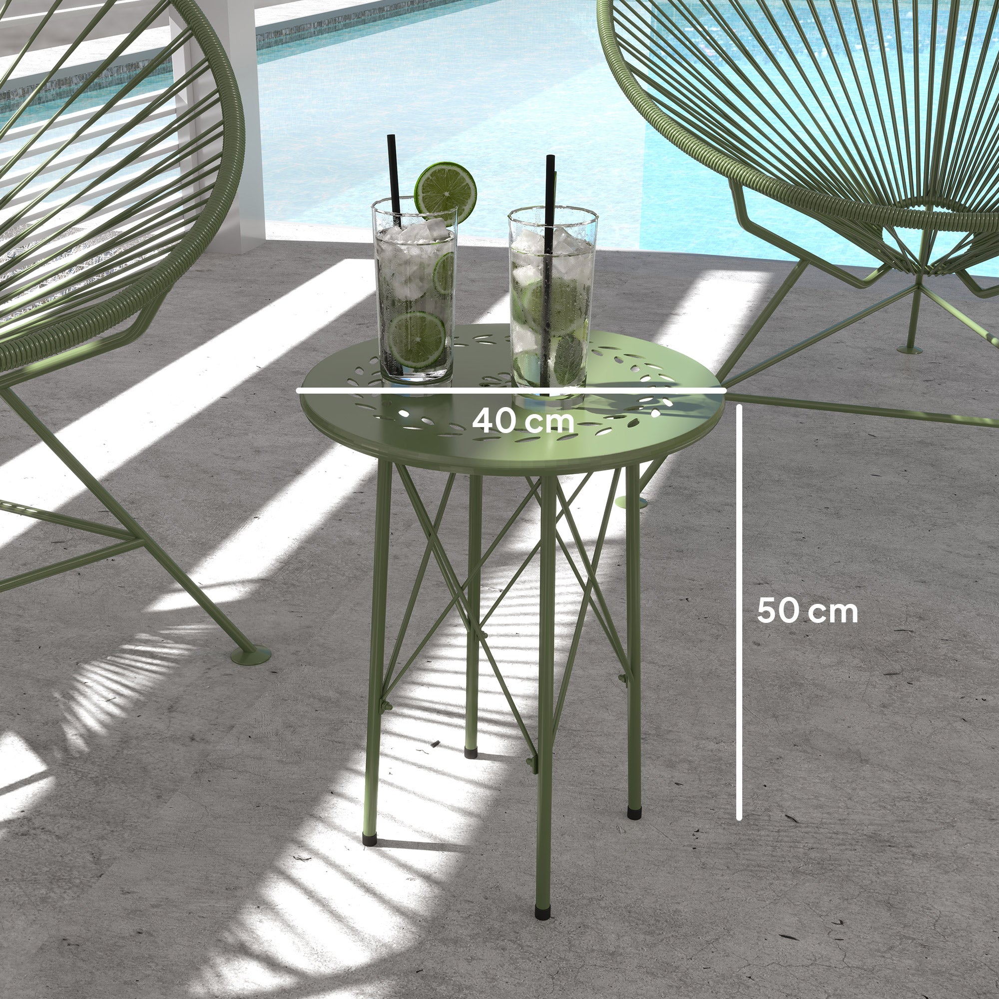 Small Round Side Table, Garden Table, with Flower and Leaf Pattern, for Patio, Living Room, Balcony made of Steel, Green