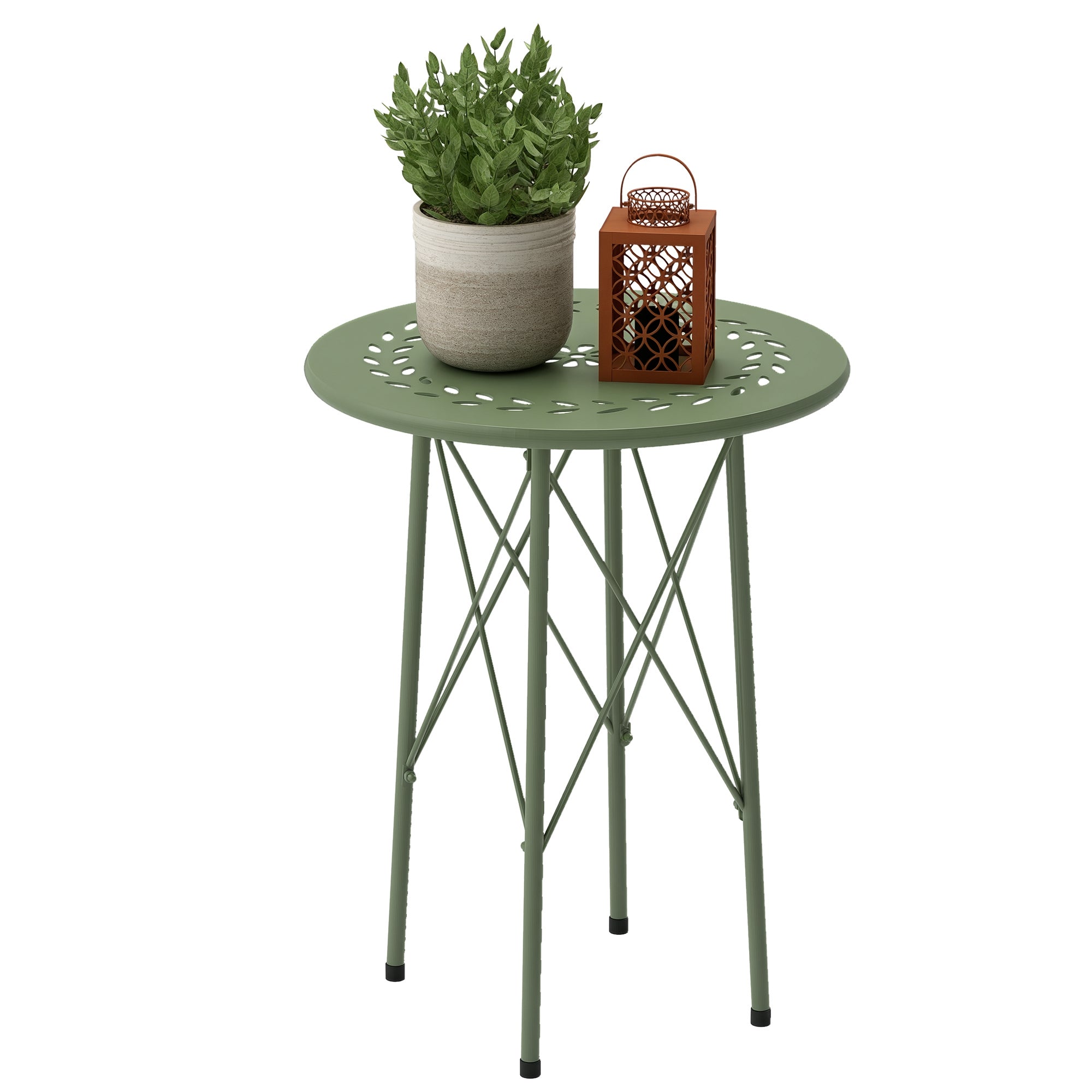 Small Round Side Table, Garden Table, with Flower and Leaf Pattern, for Patio, Living Room, Balcony made of Steel, Green