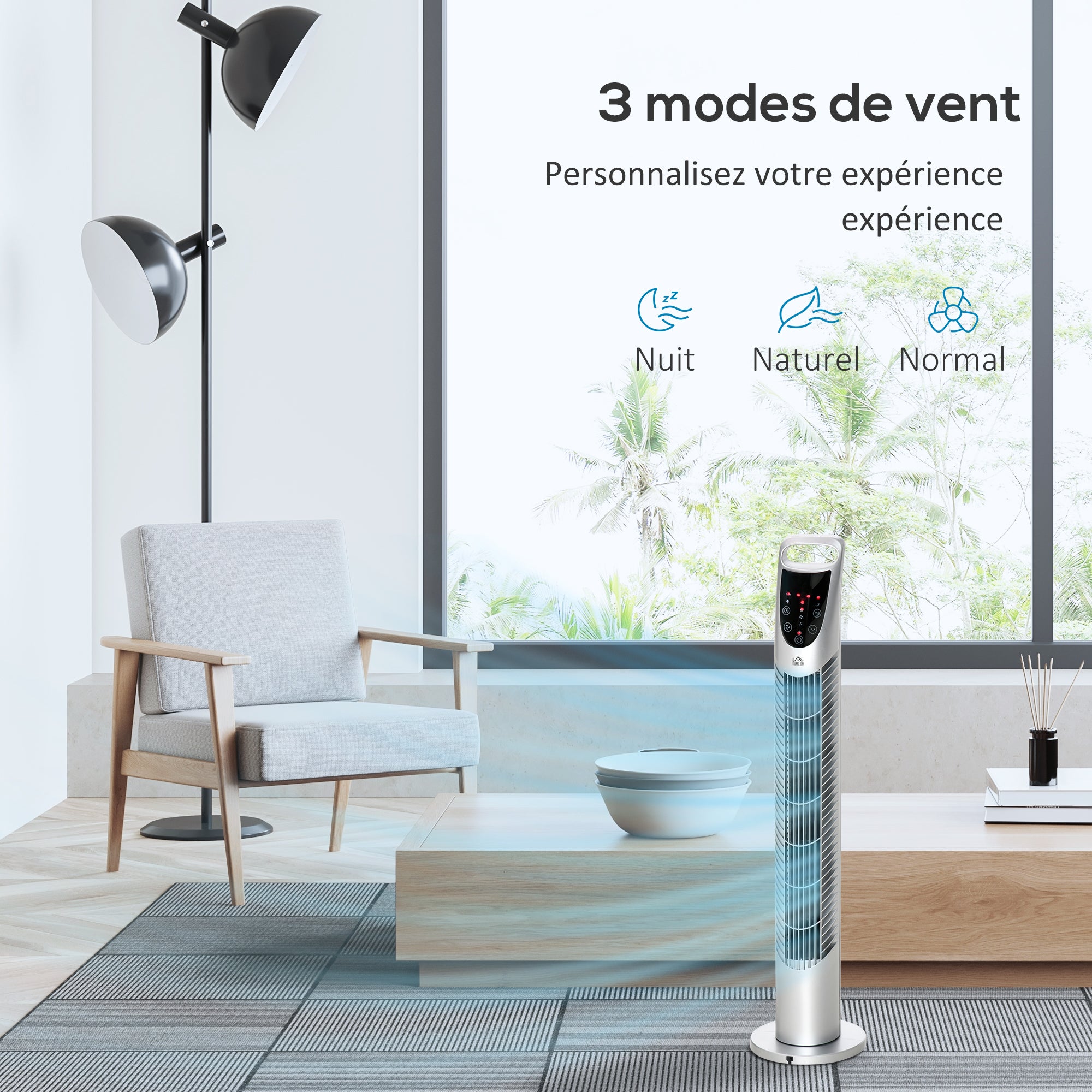 Silent 40 W column fan, tower fan for bedroom with 3 modes 3 speeds, remote control, 70° oscillation, timer and touch control, 78.5H cm silver