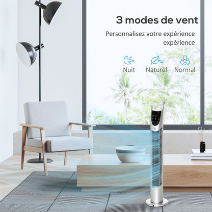 Silent 40 W column fan, tower fan for bedroom with 3 modes 3 speeds, remote control, 70° oscillation, timer and touch control, 78.5H cm silver