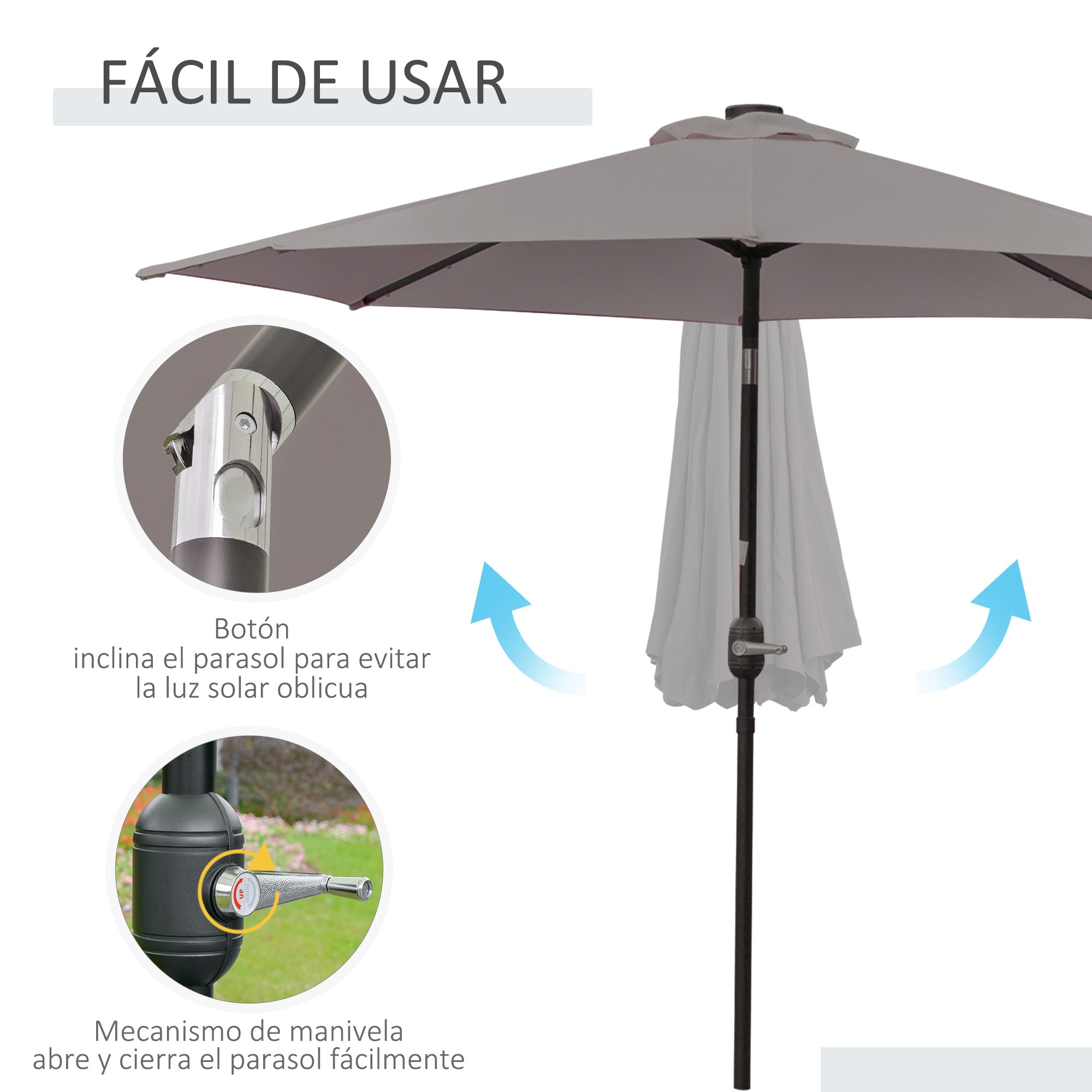Terrace Exterior Umbrella Ø265 cm Garden Umbrella with 32 Solar LED Lights Steel Post and Crank Tilt Parasol for Gray Patio Terrace