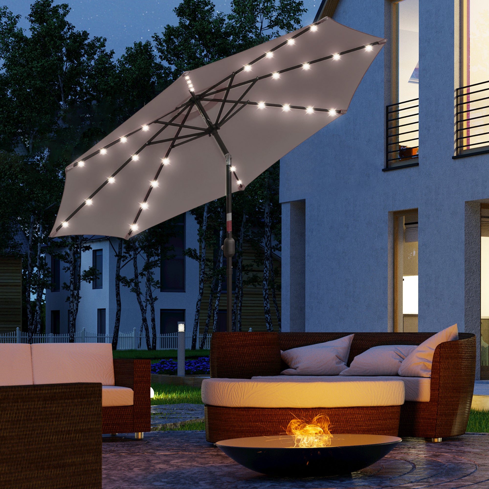 Terrace Exterior Umbrella Ø265 cm Garden Umbrella with 32 Solar LED Lights Steel Post and Crank Tilt Parasol for Gray Patio Terrace
