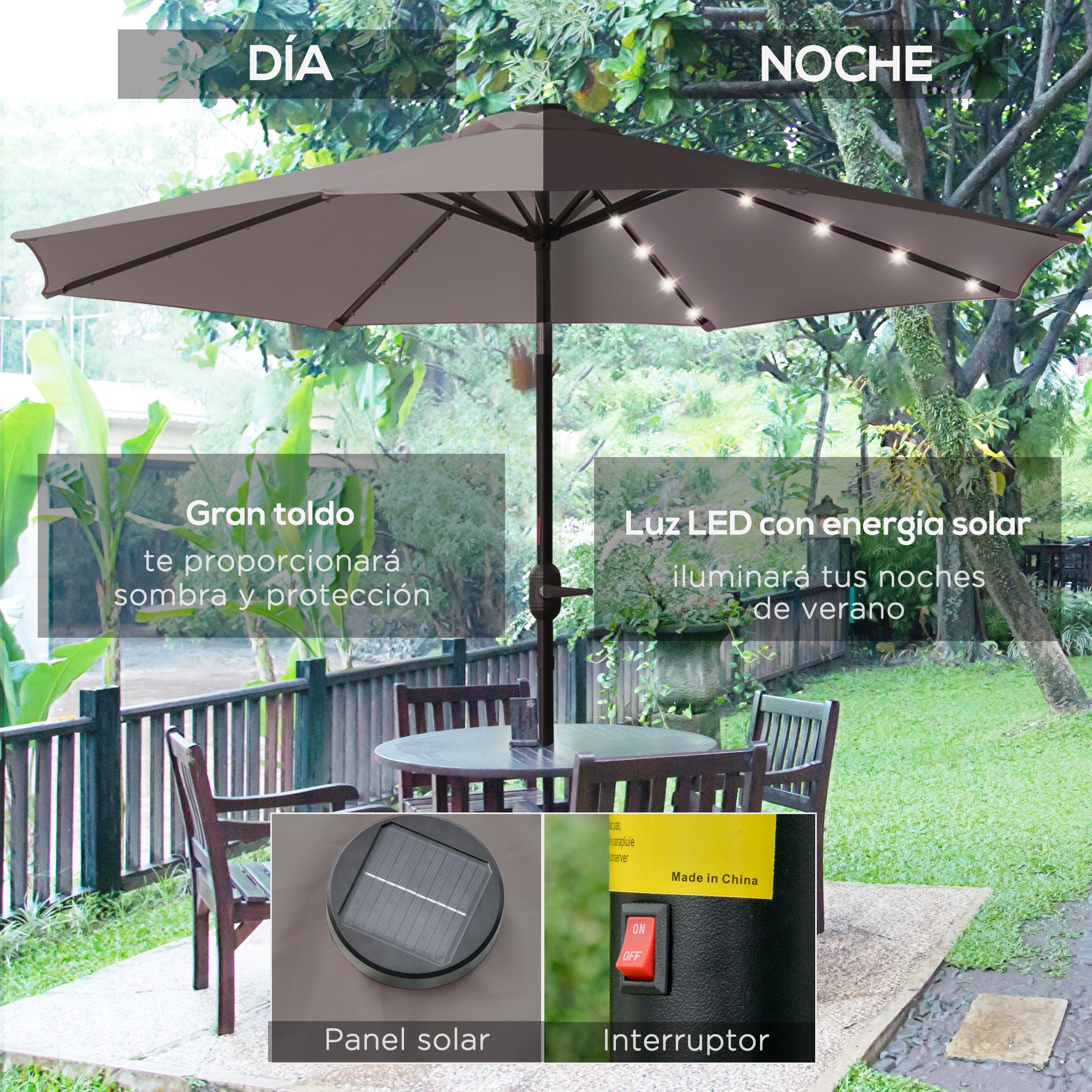 Terrace Exterior Umbrella Ø265 cm Garden Umbrella with 32 Solar LED Lights Steel Post and Crank Tilt Parasol for Gray Patio Terrace
