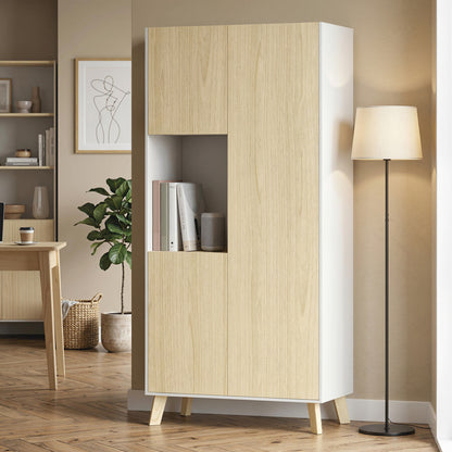 Tall Pantry Cabinet with Open Compartment, 3 Doors, Adjustable Shelves — Modern Kitchen Storage, Natural/White, 31.5 x 15.7 x 66.9 in