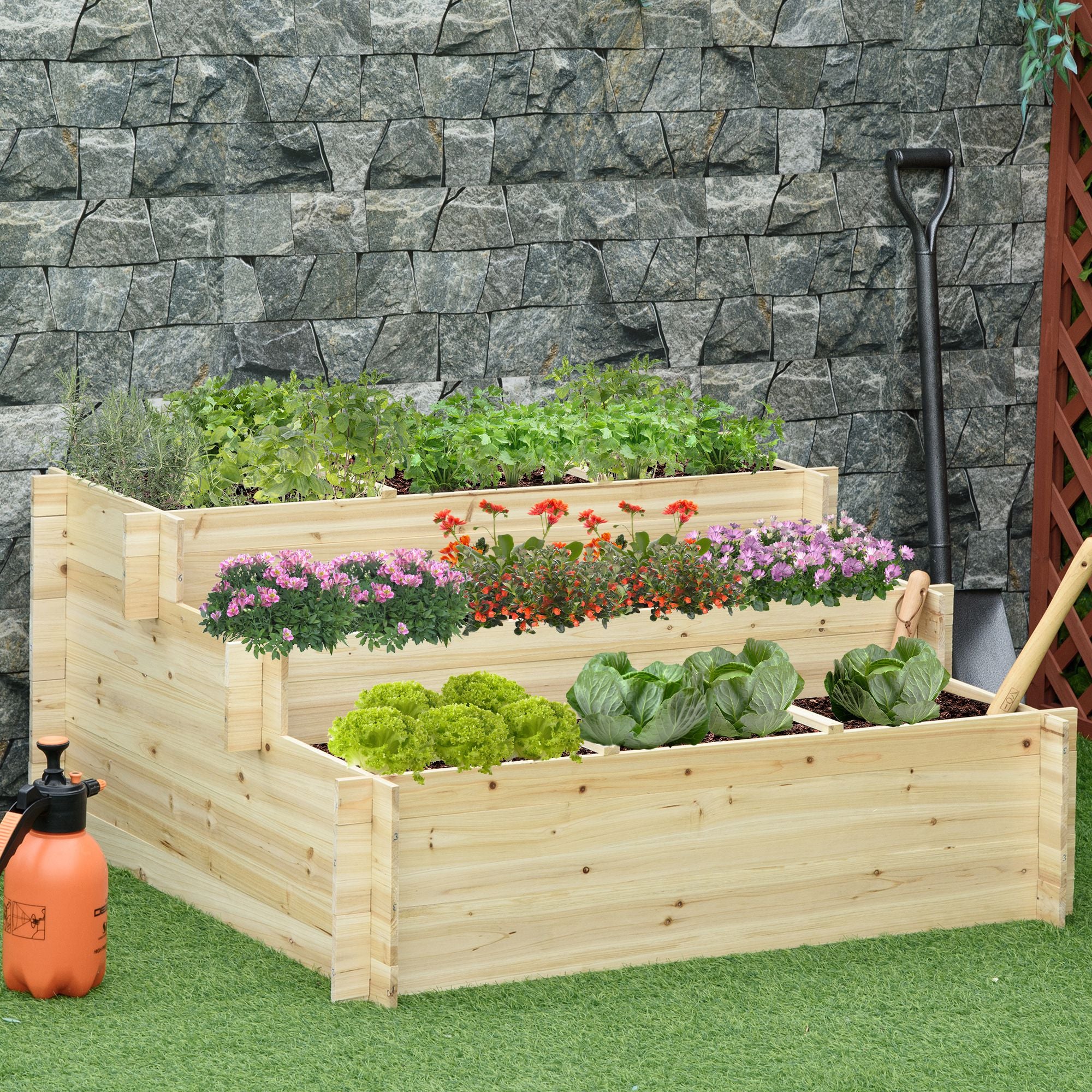 Raised Garden Bed Wood, Plant Bed Cold Frame Planter Box 117 x 100 x 54 cm for Garden Balcony Terrace, Plant Stairs for Flowers, Plants, Fruit, Vegetables