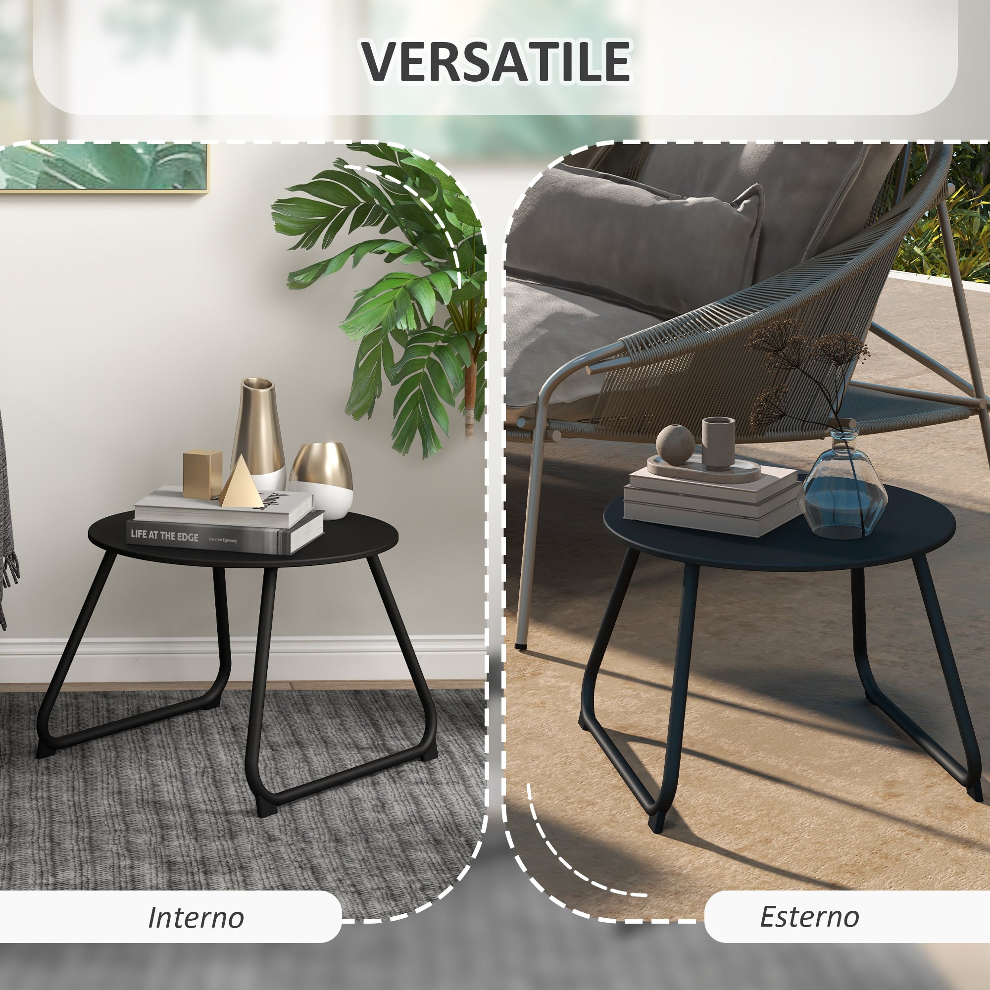 Adjustable Feet Outdoor Side Table Ø48x37 cm in Painted Metal, Black