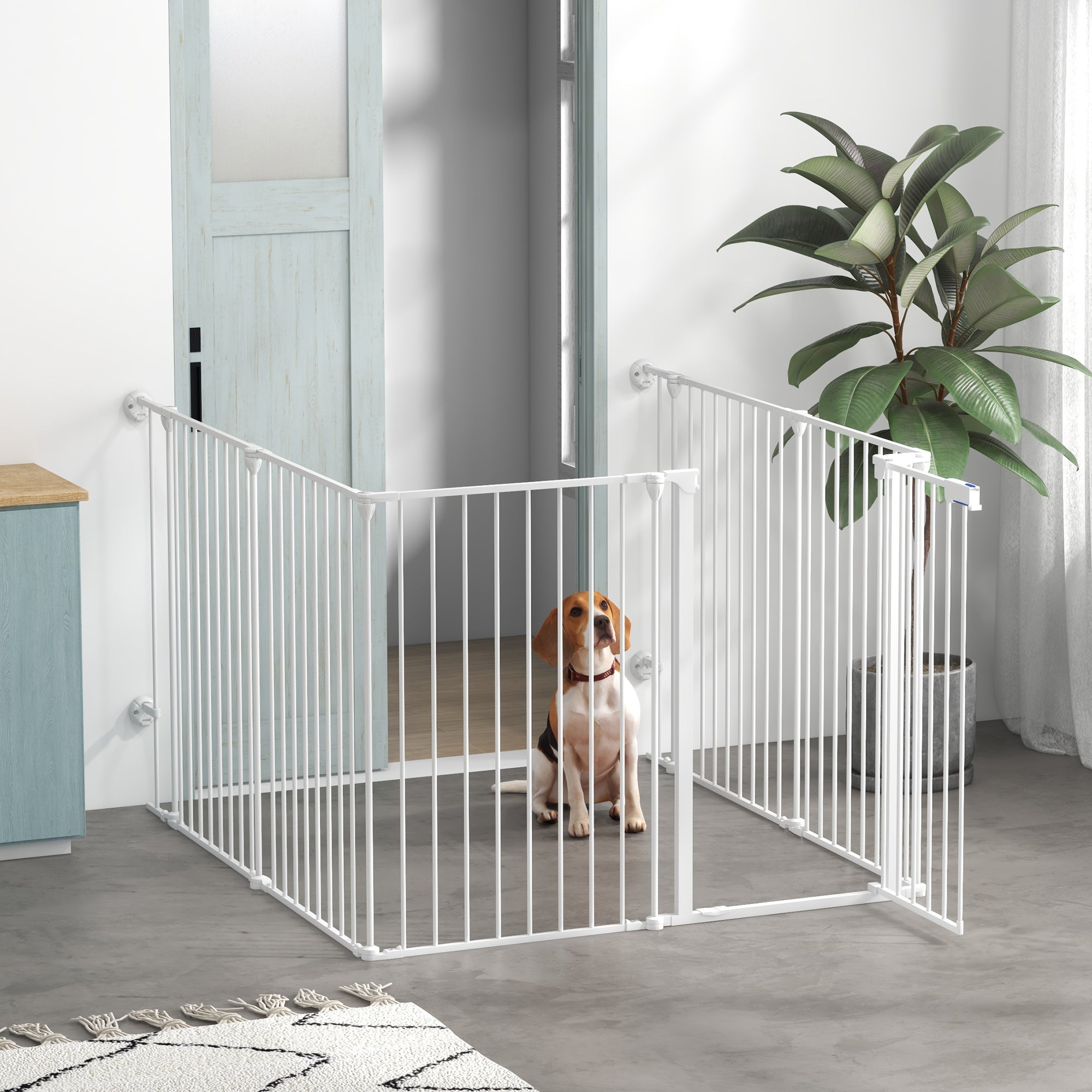 Foldable Puppy Playpen, 90 cm High, Dog Barrier, Barrier with 6 Panels, Freestanding Fireplace Guard, Enclosure for Medium-Sized Dogs, Steel, White