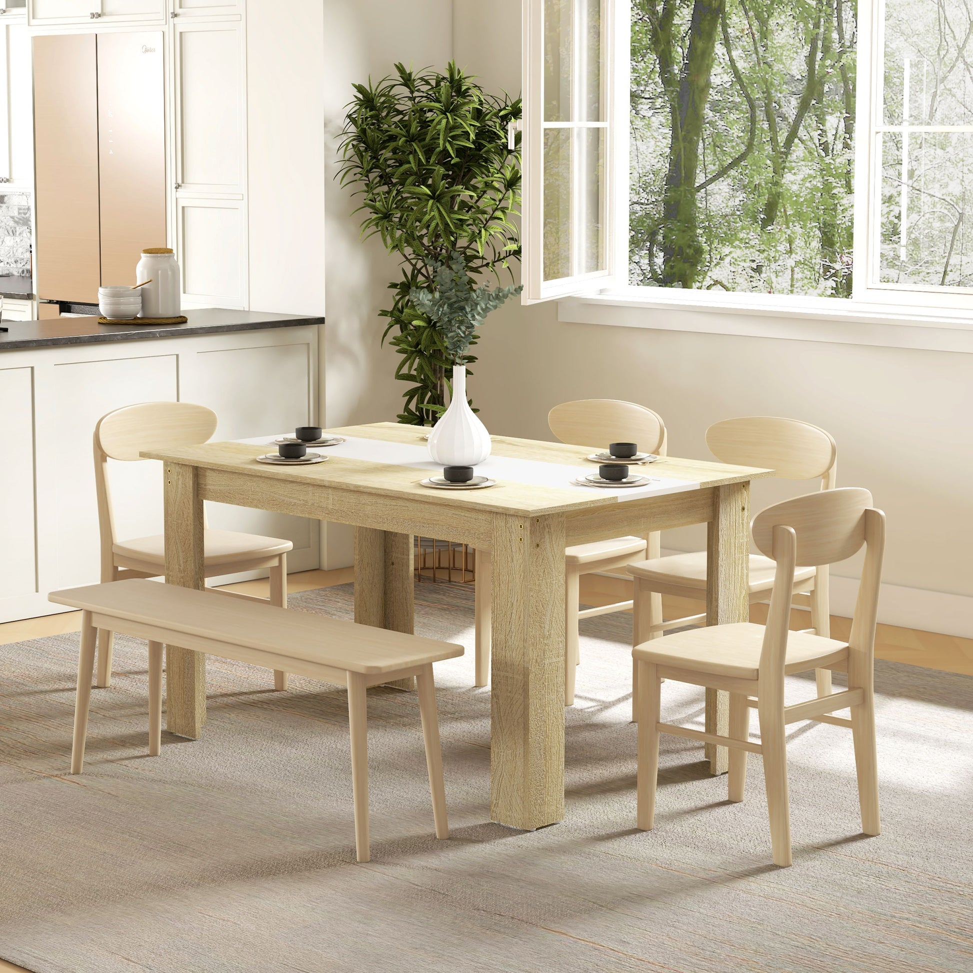 Modern Dining Table Rectangular Kitchen Table for 4-6 People Load 100 kg for Living Room 140x89.5x75 cm White and Oak