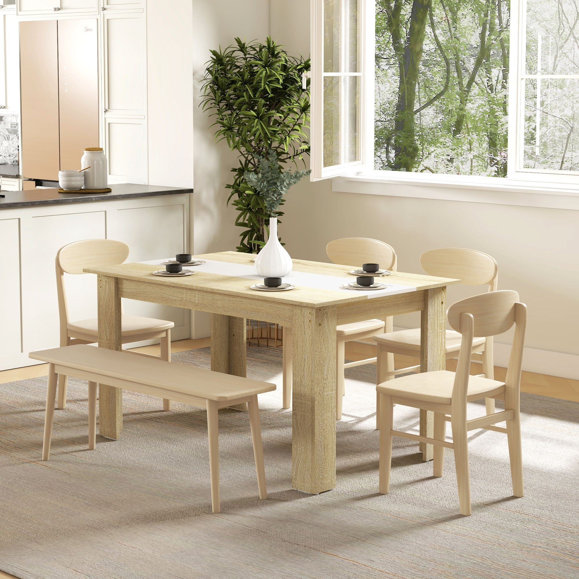 Modern Dining Table Rectangular Kitchen Table for 4-6 People Load 100 kg for Living Room 140x89.5x75 cm White and Oak