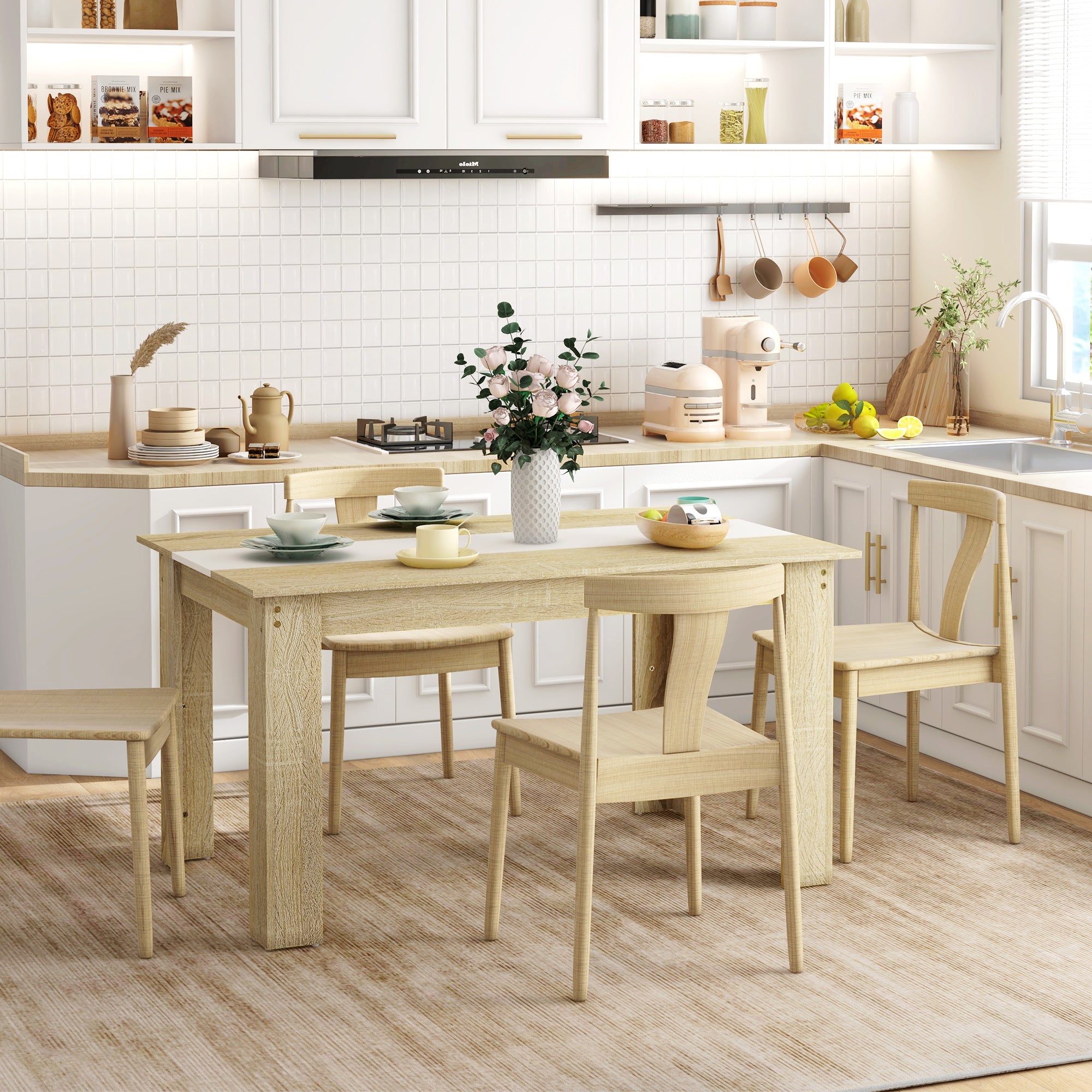 Modern Dining Table Rectangular Kitchen Table for 4-6 People Load 100 kg for Living Room 140x89.5x75 cm White and Oak