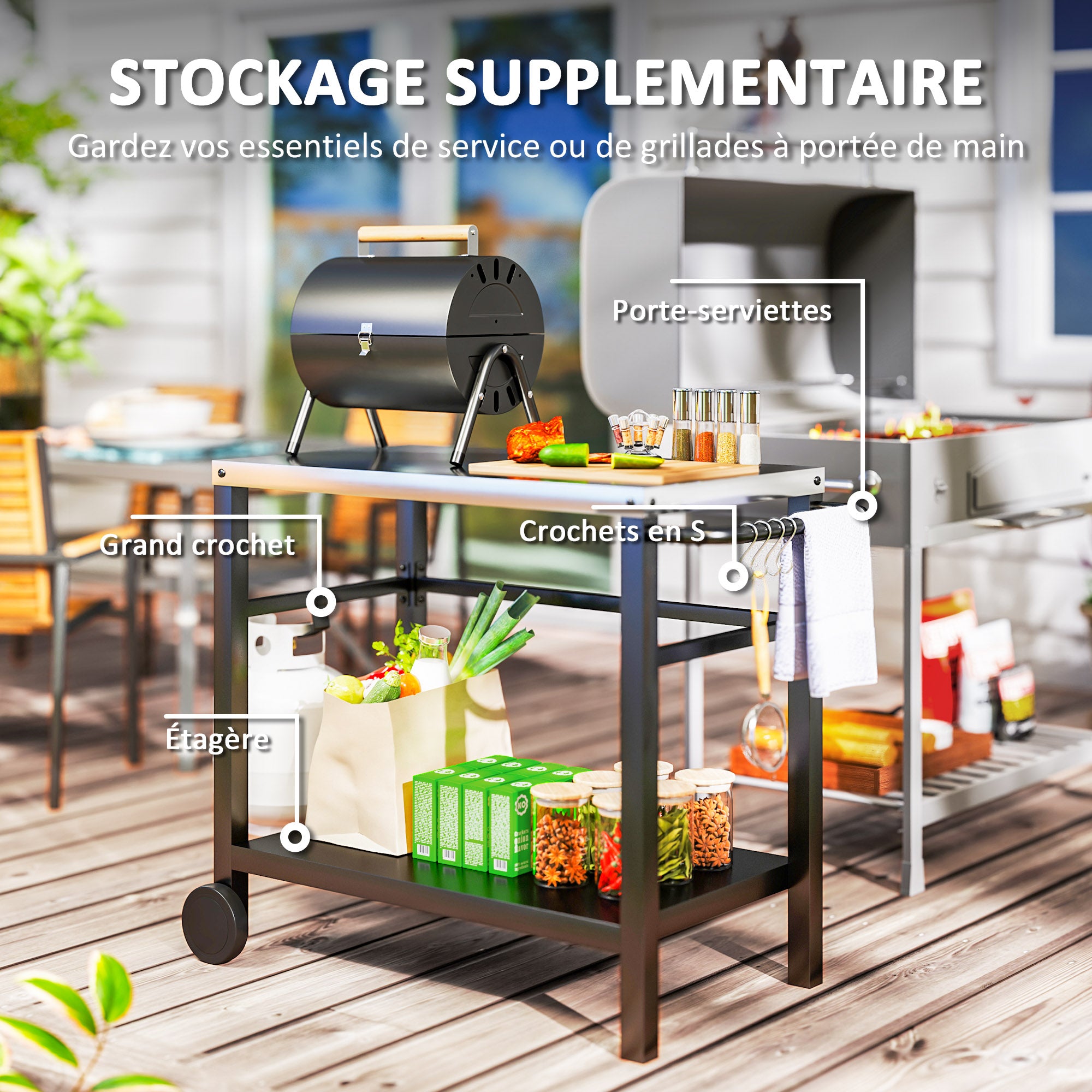 Outdoor Plancha Trolley with Stainless Steel Worktop, Barbecue Trolley with Shelf, Garden Trolley with Hooks, Towel Holder, 2 Wheels, 102x50x81cm, Charcoal Gray