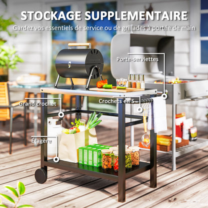Outdoor Plancha Trolley with Stainless Steel Worktop, Barbecue Trolley with Shelf, Garden Trolley with Hooks, Towel Holder, 2 Wheels, 102x50x81cm, Charcoal Gray