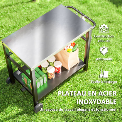 Outdoor Plancha Trolley with Stainless Steel Worktop, Barbecue Trolley with Shelf, Garden Trolley with Hooks, Towel Holder, 2 Wheels, 102x50x81cm, Charcoal Gray