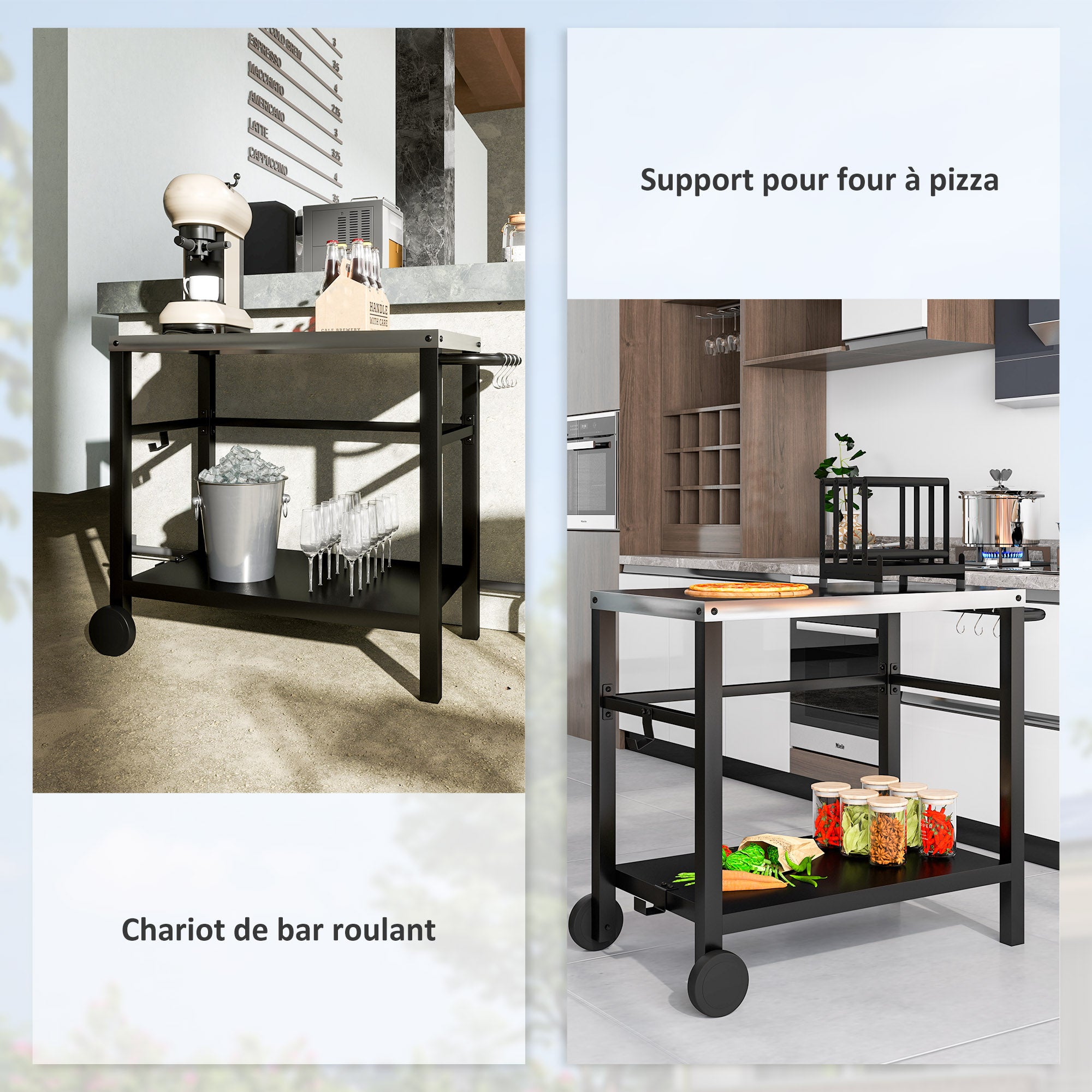 Outdoor Plancha Trolley with Stainless Steel Worktop, Barbecue Trolley with Shelf, Garden Trolley with Hooks, Towel Holder, 2 Wheels, 102x50x81cm, Charcoal Gray