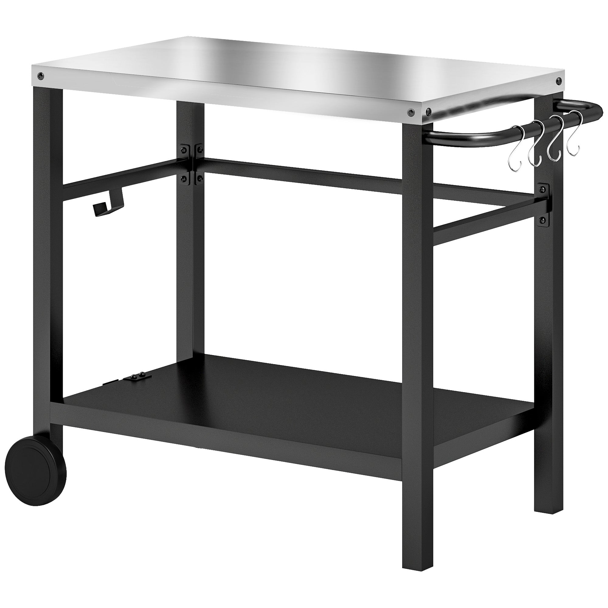 Outdoor Plancha Trolley with Stainless Steel Worktop, Barbecue Trolley with Shelf, Garden Trolley with Hooks, Towel Holder, 2 Wheels, 102x50x81cm, Charcoal Gray
