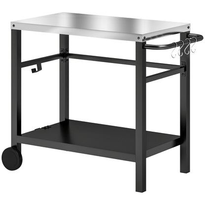 Outdoor Plancha Trolley with Stainless Steel Worktop, Barbecue Trolley with Shelf, Garden Trolley with Hooks, Towel Holder, 2 Wheels, 102x50x81cm, Charcoal Gray