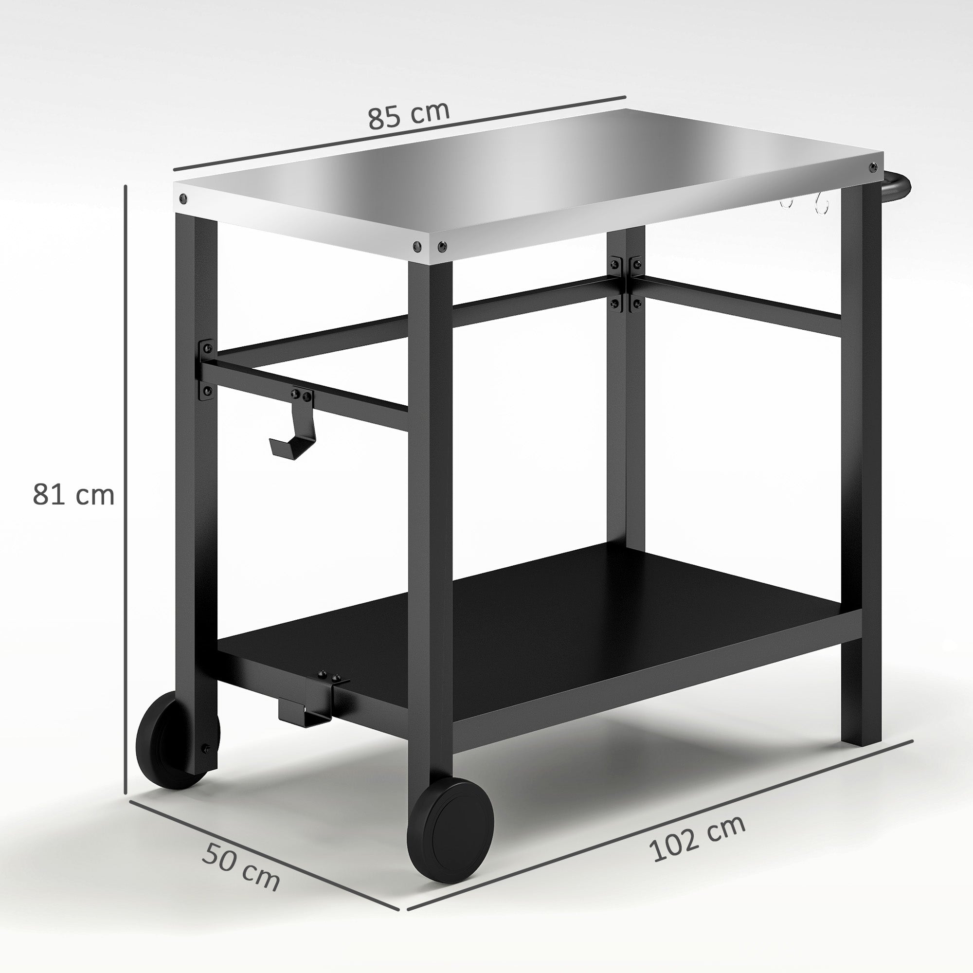 Outdoor Plancha Trolley with Stainless Steel Worktop, Barbecue Trolley with Shelf, Garden Trolley with Hooks, Towel Holder, 2 Wheels, 102x50x81cm, Charcoal Gray