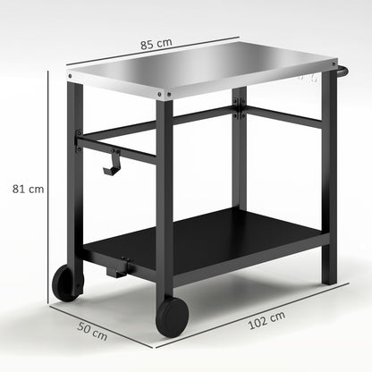 Outdoor Plancha Trolley with Stainless Steel Worktop, Barbecue Trolley with Shelf, Garden Trolley with Hooks, Towel Holder, 2 Wheels, 102x50x81cm, Charcoal Gray