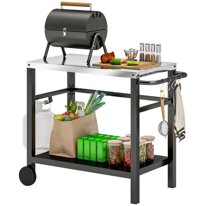 Outdoor Plancha Trolley with Stainless Steel Worktop, Barbecue Trolley with Shelf, Garden Trolley with Hooks, Towel Holder, 2 Wheels, 102x50x81cm, Charcoal Gray