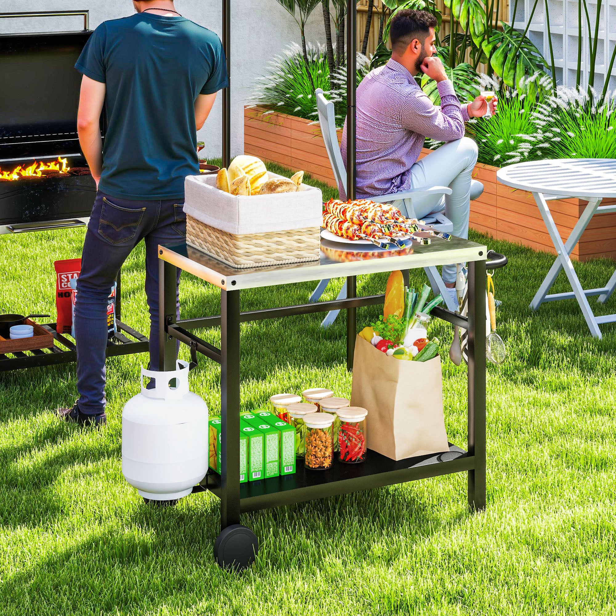 Outdoor Plancha Trolley with Stainless Steel Worktop, Barbecue Trolley with Shelf, Garden Trolley with Hooks, Towel Holder, 2 Wheels, 102x50x81cm, Charcoal Gray