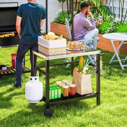 Outdoor Plancha Trolley with Stainless Steel Worktop, Barbecue Trolley with Shelf, Garden Trolley with Hooks, Towel Holder, 2 Wheels, 102x50x81cm, Charcoal Gray