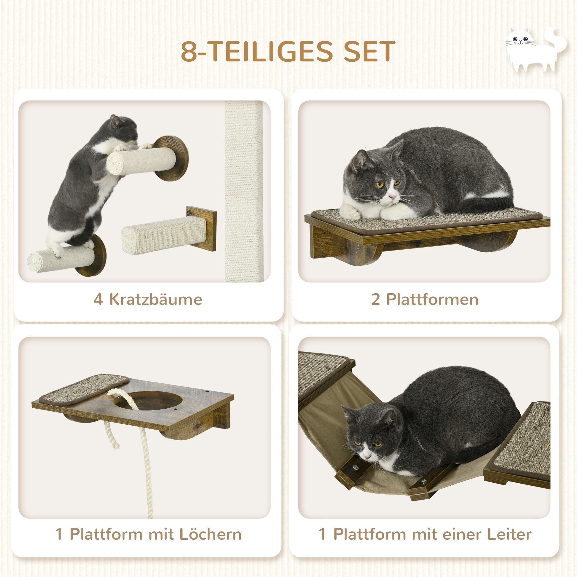 Cat Climbing Wall Set, 8-Piece Cat Furniture with Scratching Posts, Perches, Scratching Board, Cat Stairs, Sisal, Brown