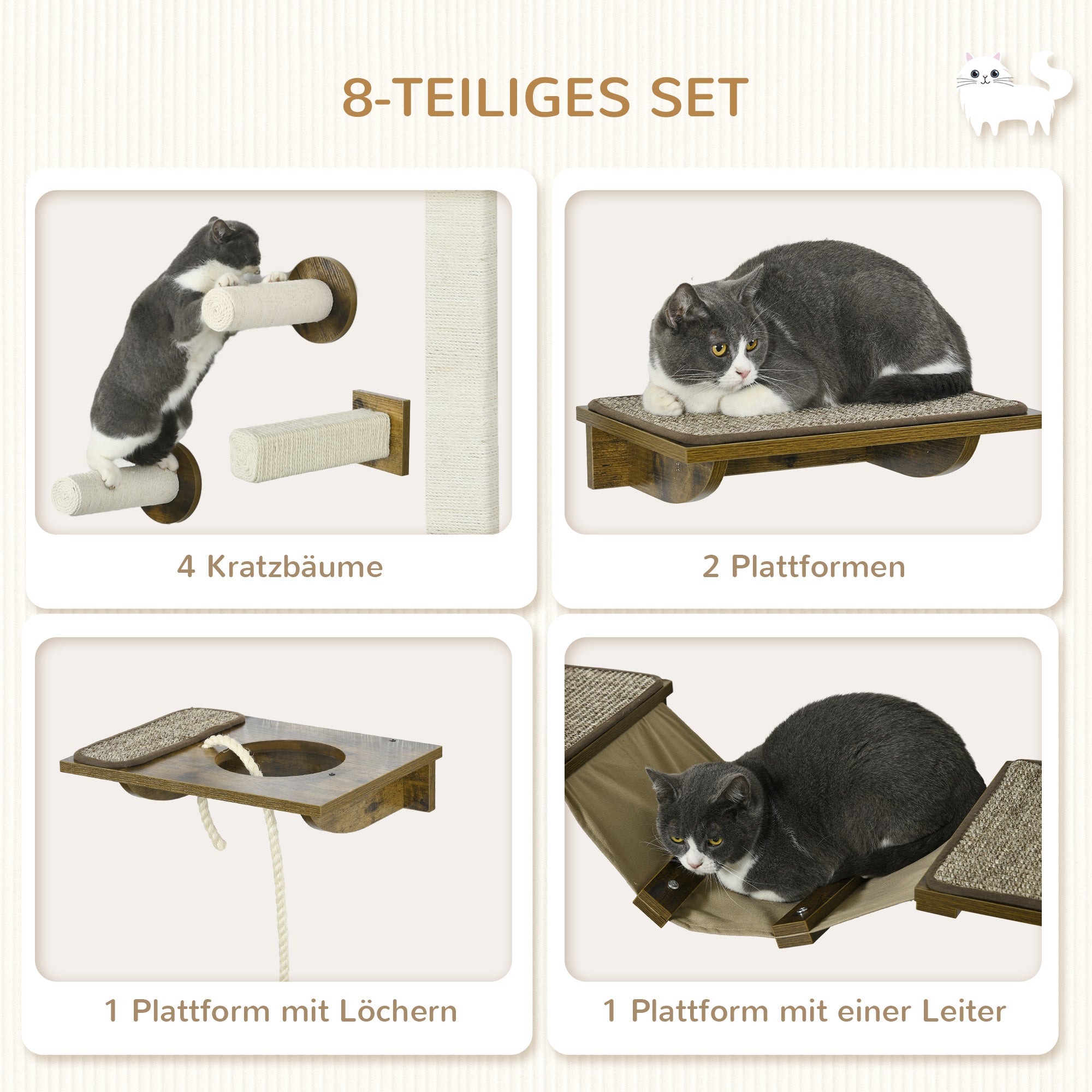 Cat Climbing Wall Set, 8-Piece Cat Furniture with Scratching Posts, Perches, Scratching Board, Cat Stairs, Sisal, Brown
