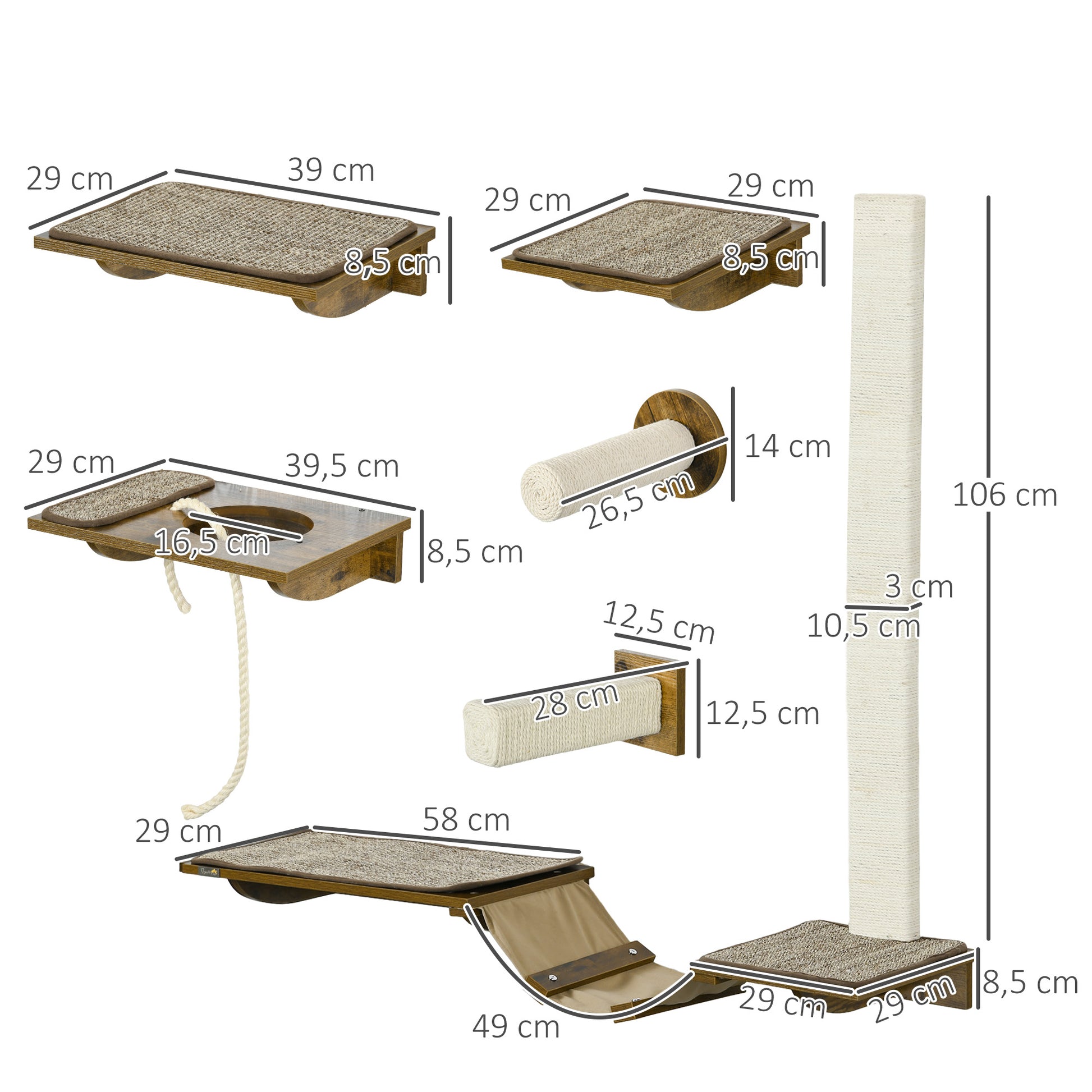 Cat Climbing Wall Set, 8-Piece Cat Furniture with Scratching Posts, Perches, Scratching Board, Cat Stairs, Sisal, Brown