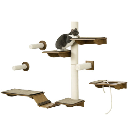 Cat Climbing Wall Set, 8-Piece Cat Furniture with Scratching Posts, Perches, Scratching Board, Cat Stairs, Sisal, Brown