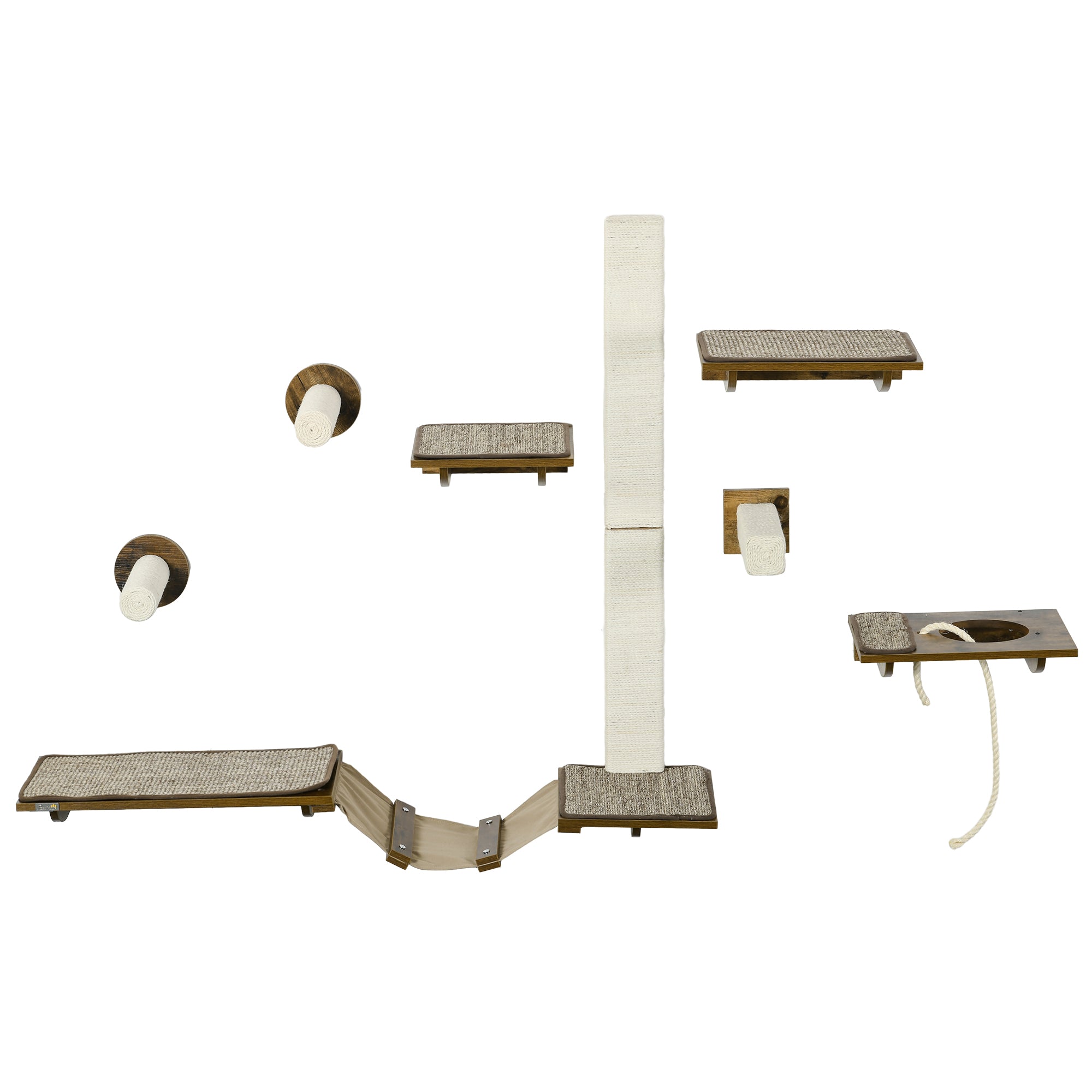Cat Climbing Wall Set, 8-Piece Cat Furniture with Scratching Posts, Perches, Scratching Board, Cat Stairs, Sisal, Brown