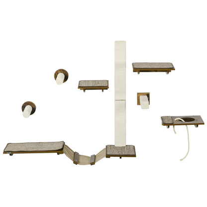 Cat Climbing Wall Set, 8-Piece Cat Furniture with Scratching Posts, Perches, Scratching Board, Cat Stairs, Sisal, Brown