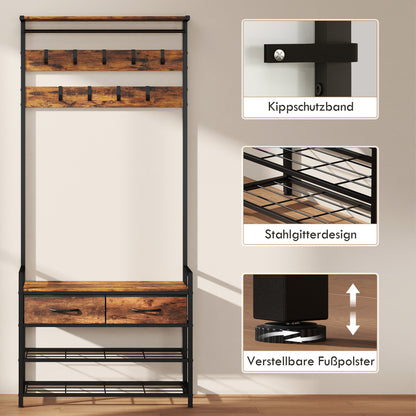 5-in-1 Hall Tree with Shoe Bench & Organizer, Industrial Steel Frame, Rustic Brown