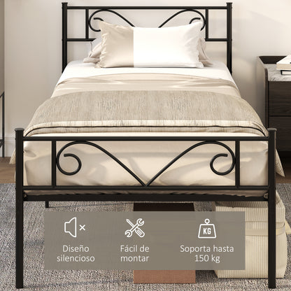 Single Metal Bed Frame 31 cm for 90x190 cm Mattress with Butterfly Shaped Headboard Bed Frame with Under-bed Storage Space 95x196x100 cm Black
