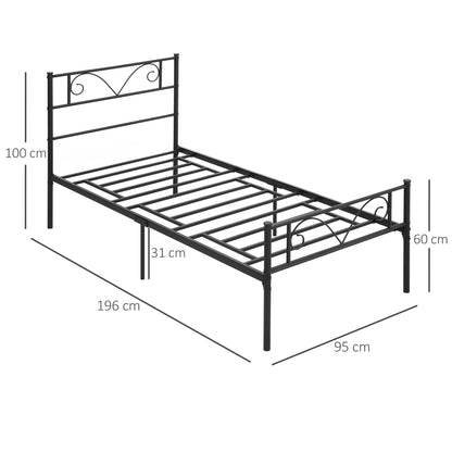 Single Metal Bed Frame 31 cm for 90x190 cm Mattress with Butterfly Shaped Headboard Bed Frame with Under-bed Storage Space 95x196x100 cm Black