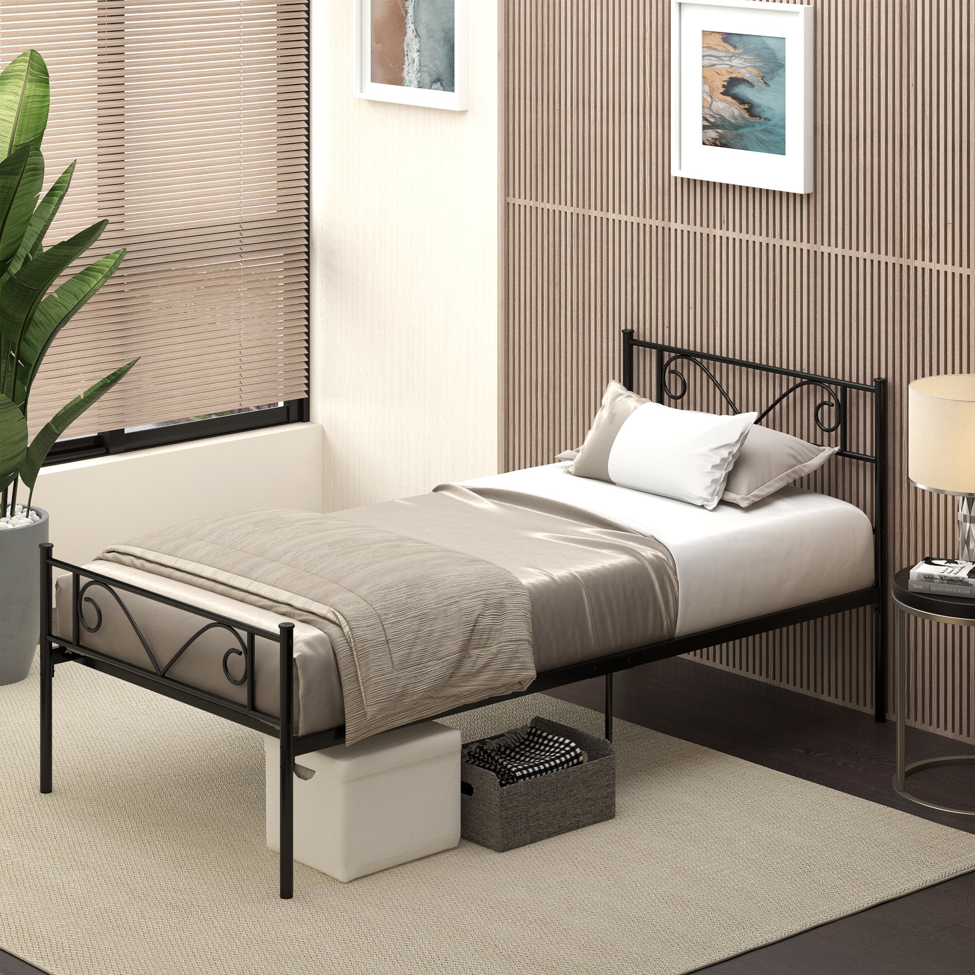Single Metal Bed Frame 31 cm for 90x190 cm Mattress with Butterfly Shaped Headboard Bed Frame with Under-bed Storage Space 95x196x100 cm Black