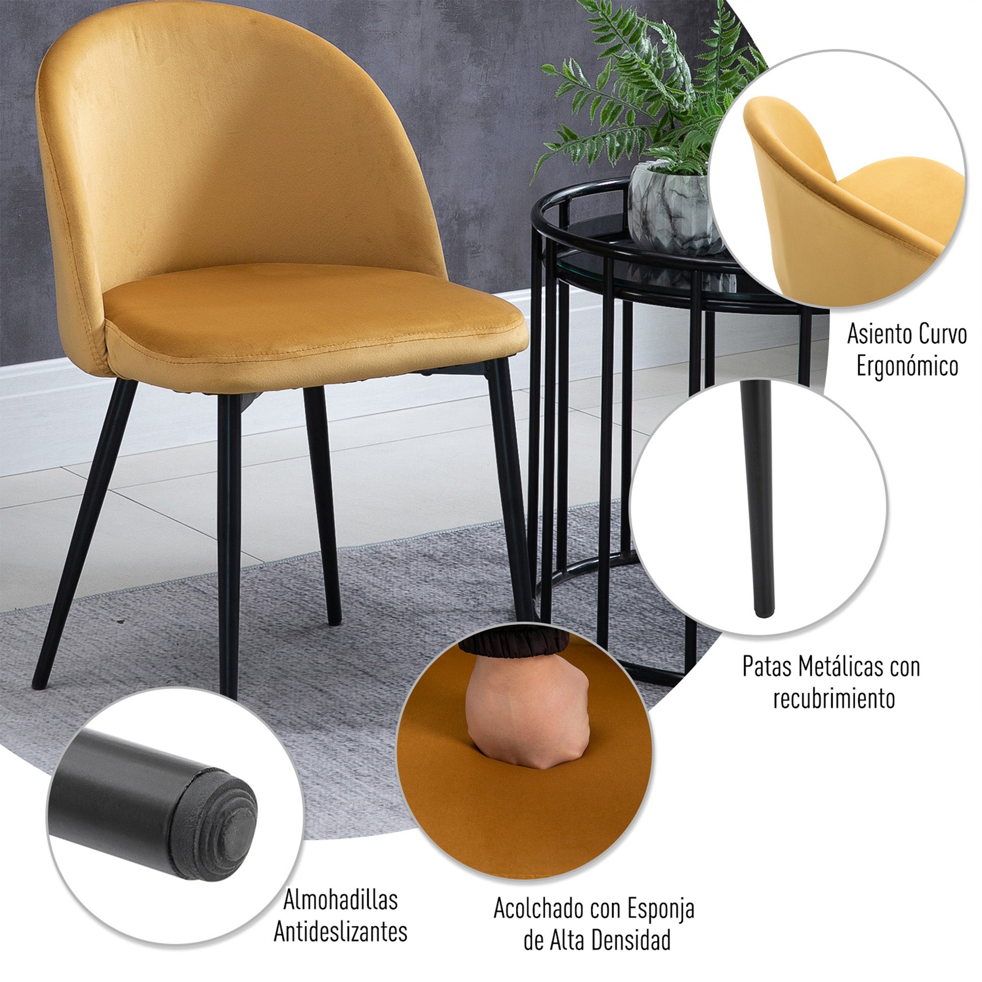Pack of 2 Velvet Upholstered Dining Chairs Kitchen Chairs with Padded Backrest and Metal Legs 90kg Load Capacity for Living Room 49x50x77 cm Camel