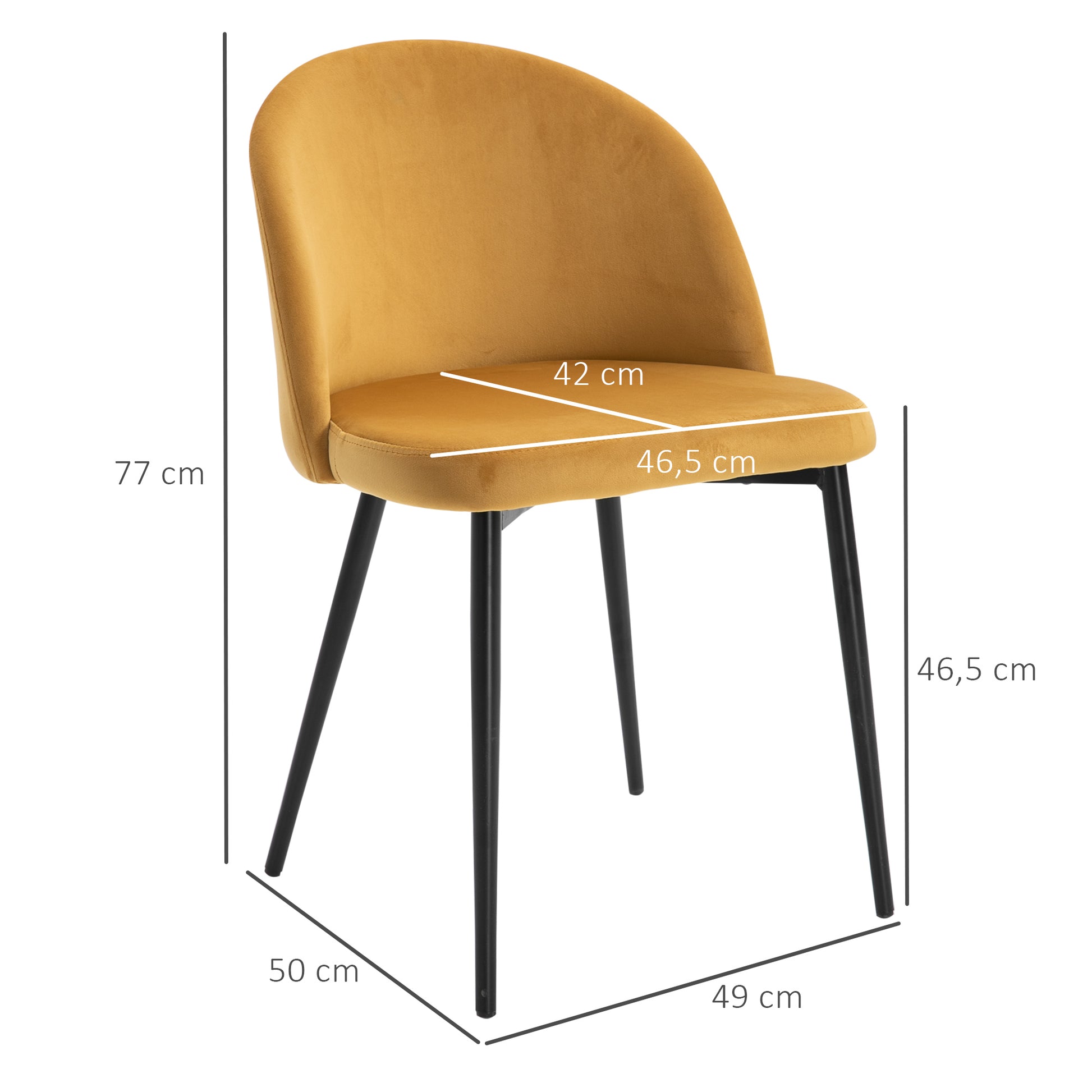 Pack of 2 Velvet Upholstered Dining Chairs Kitchen Chairs with Padded Backrest and Metal Legs 90kg Load Capacity for Living Room 49x50x77 cm Camel