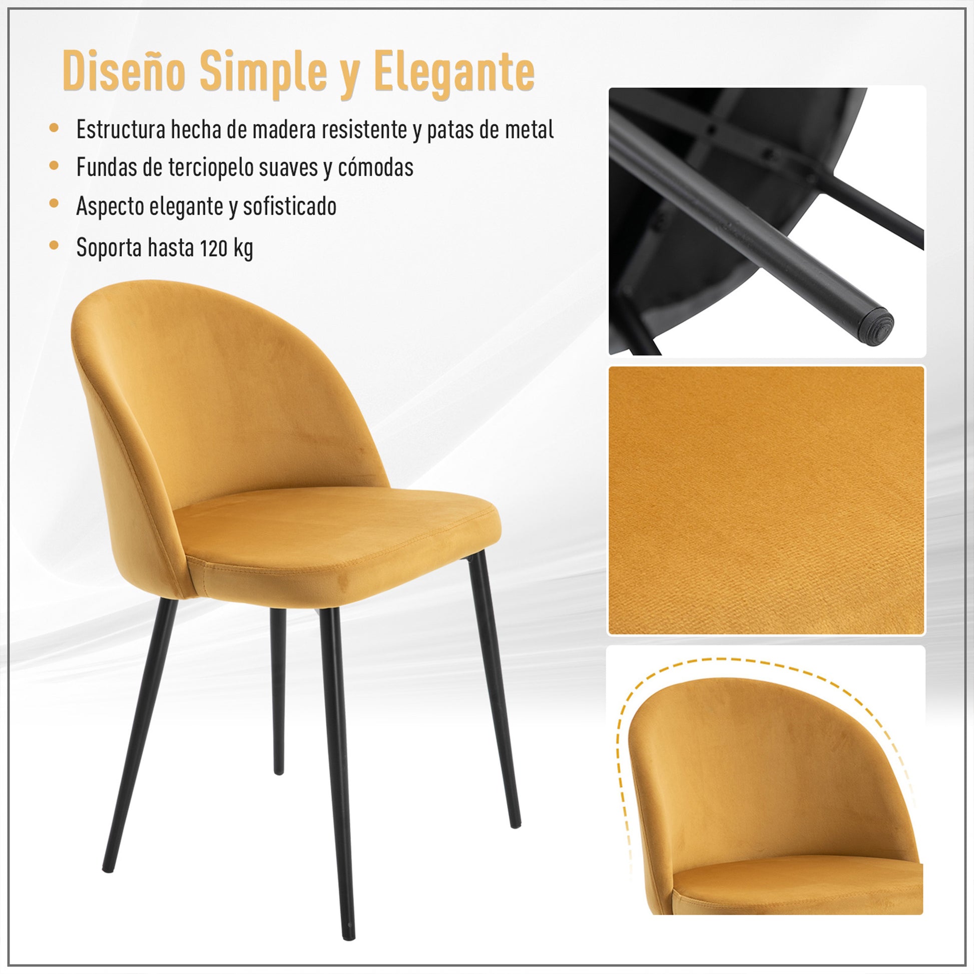 Pack of 2 Velvet Upholstered Dining Chairs Kitchen Chairs with Padded Backrest and Metal Legs 90kg Load Capacity for Living Room 49x50x77 cm Camel